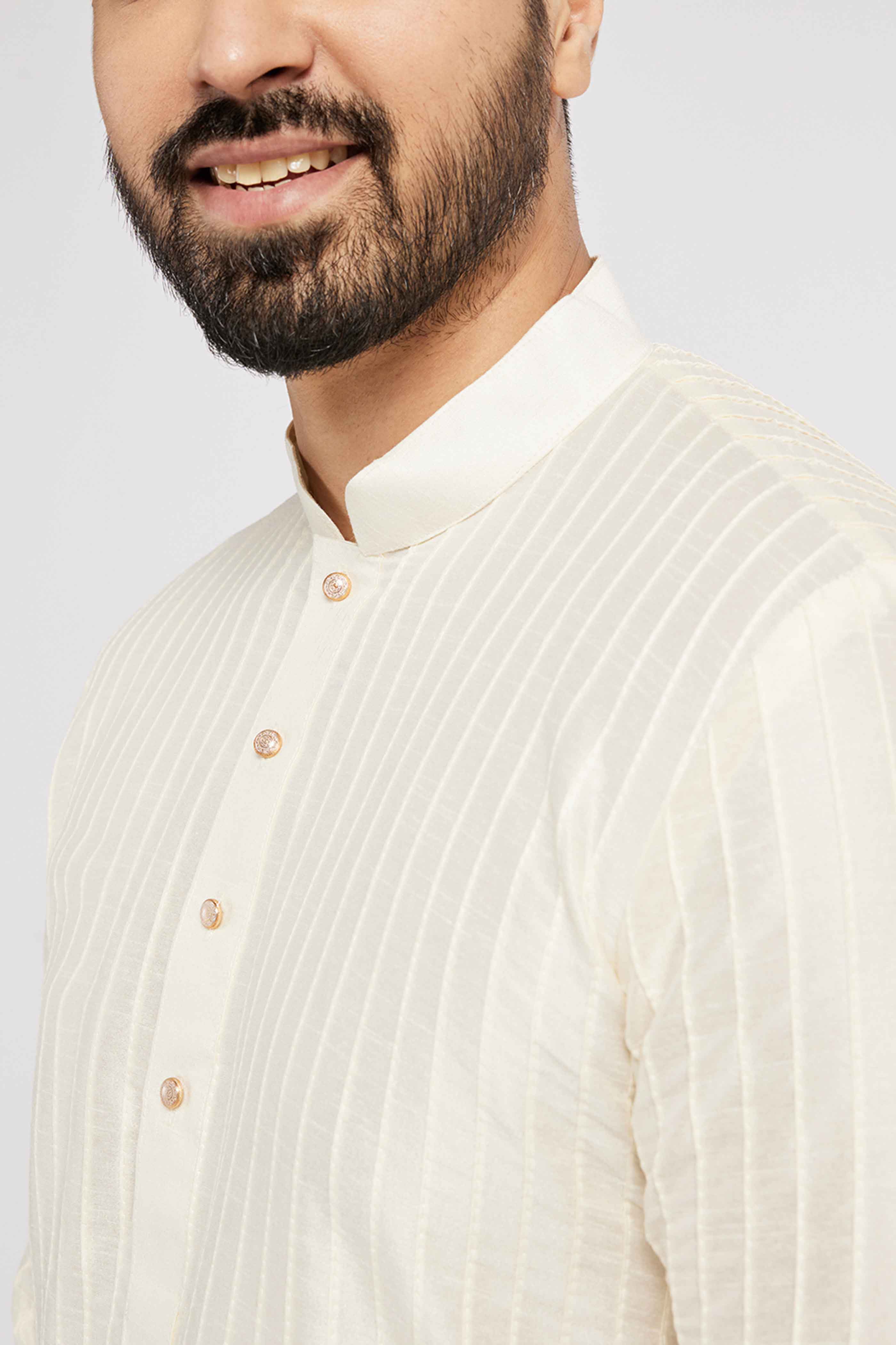 Cream Pintucks Kurta with Metallic buttons