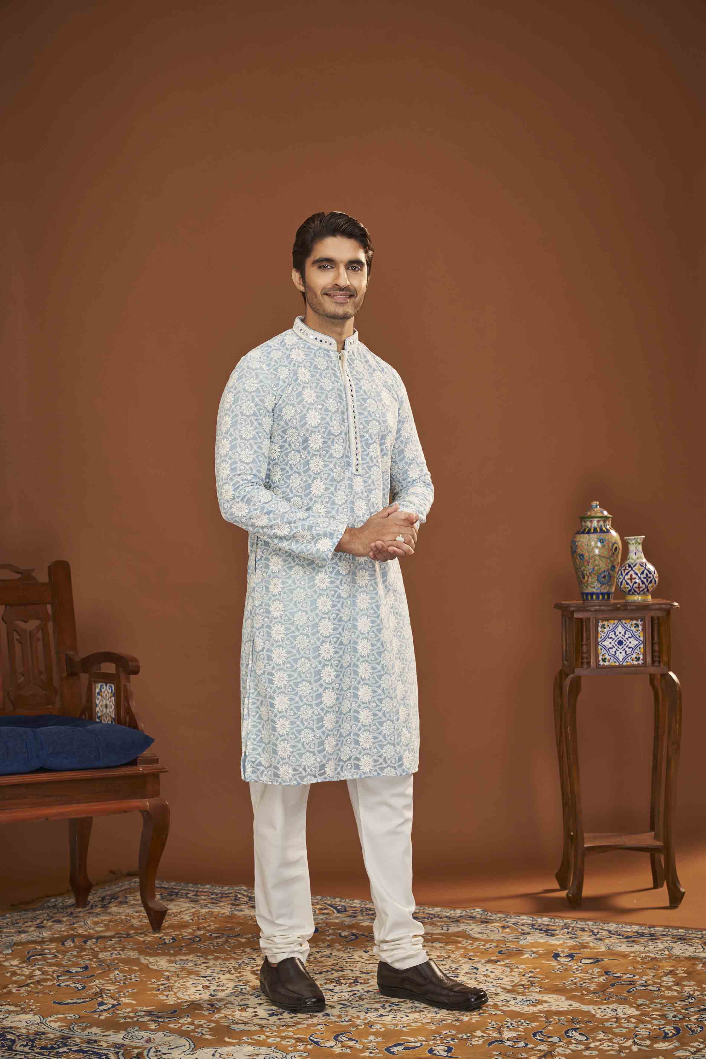 Blue Chikankari Floral Kurta