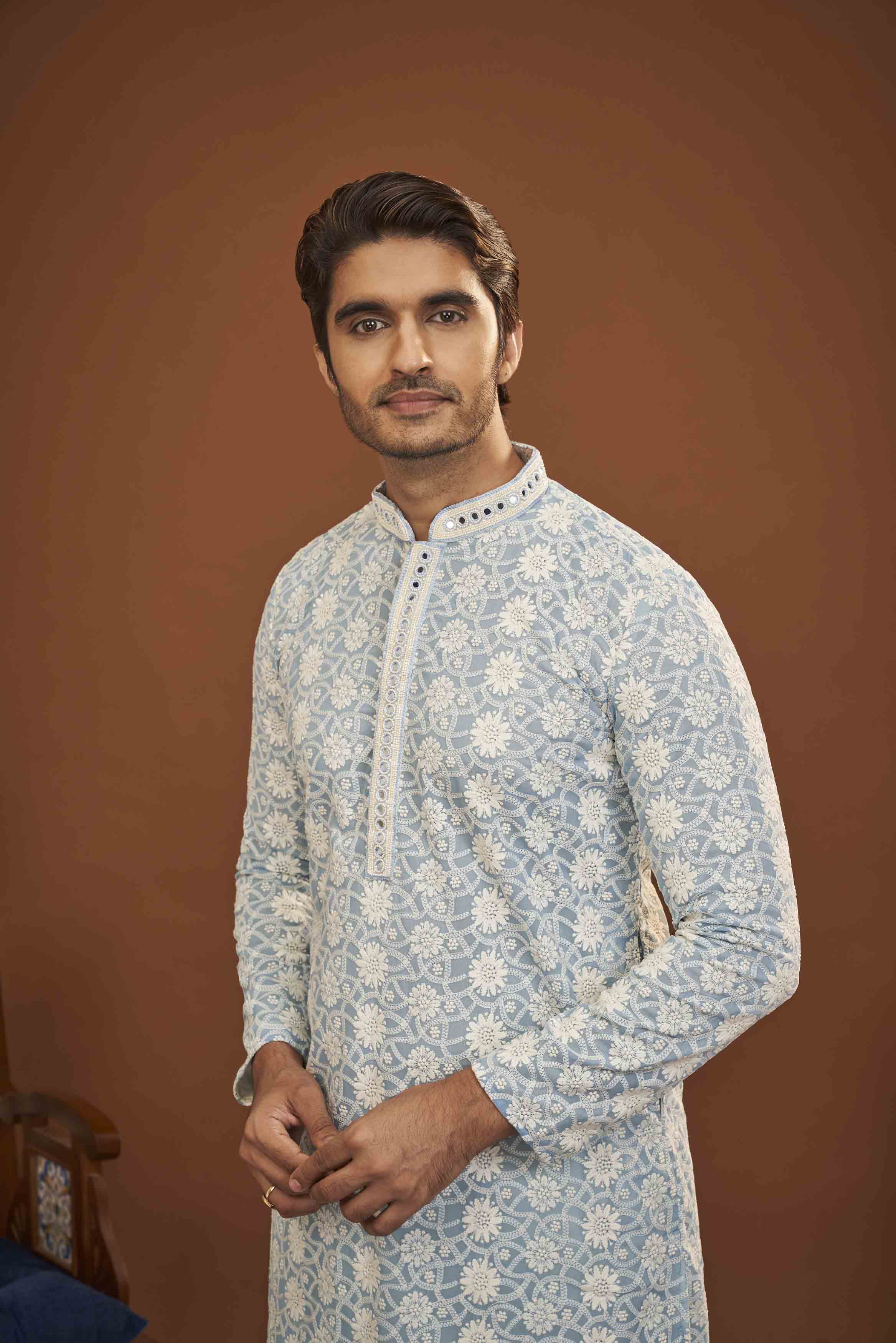 Blue Chikankari Floral Kurta