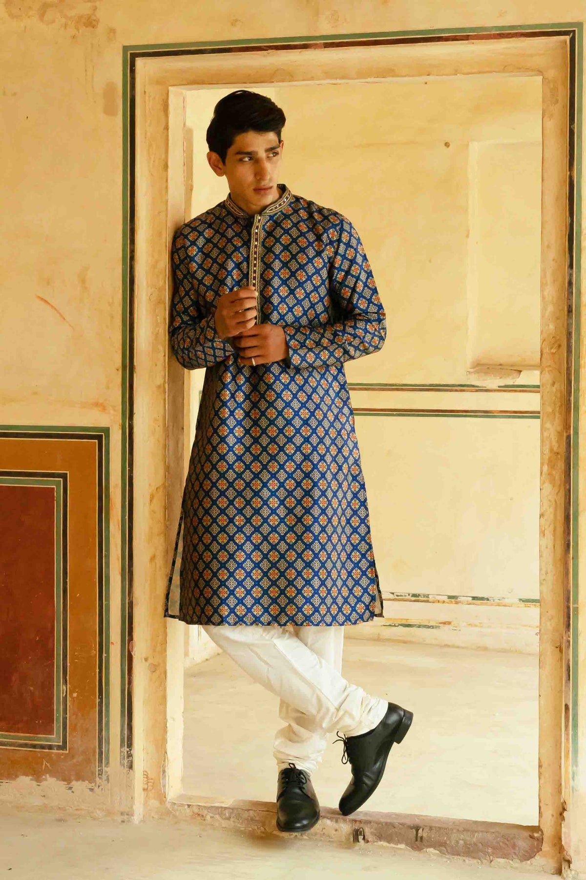 Royal Blue Printed Kurta with mirror handwork