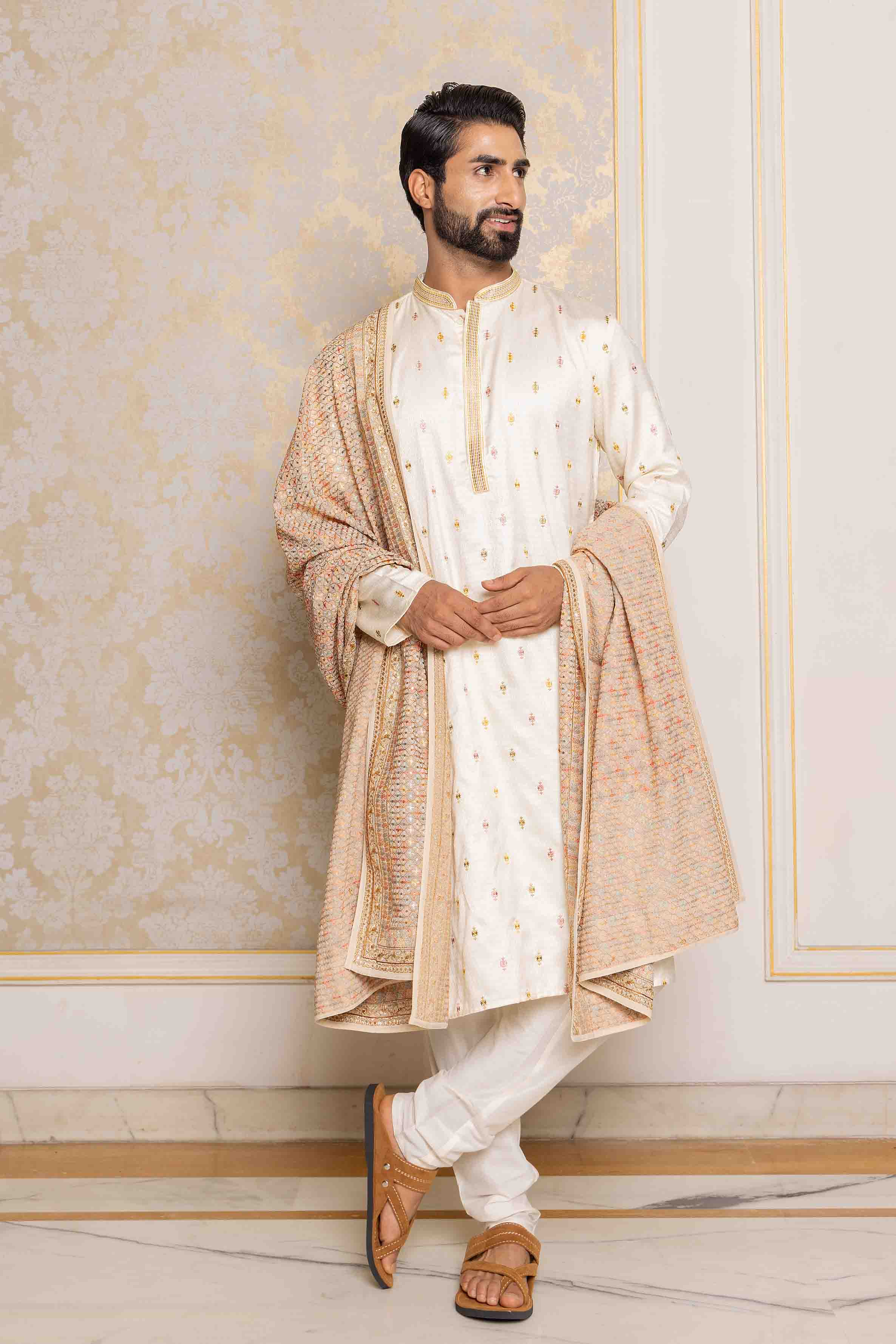 Cream Viscose Kurta with Multicolour Embroidery