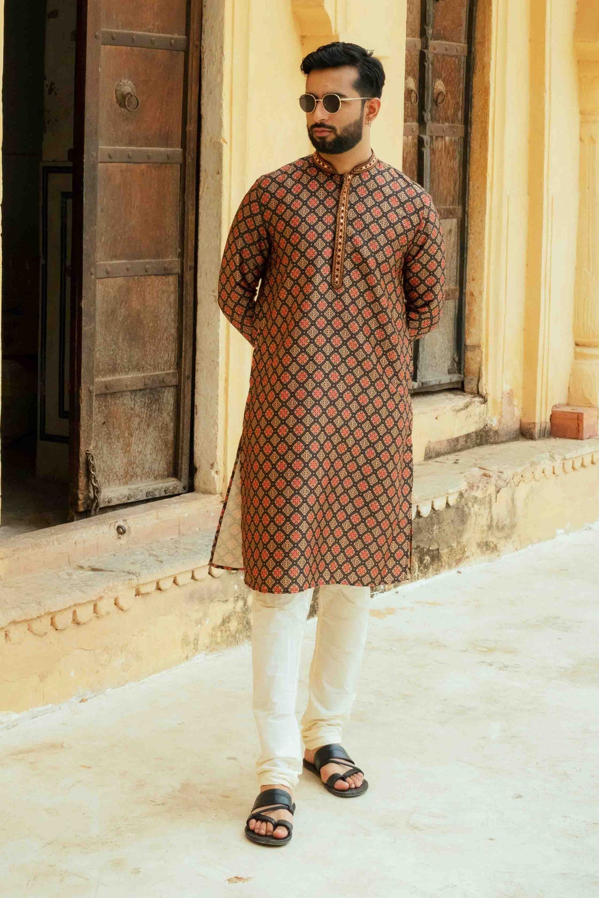 Black Printed Kurta with Mirror Handwork