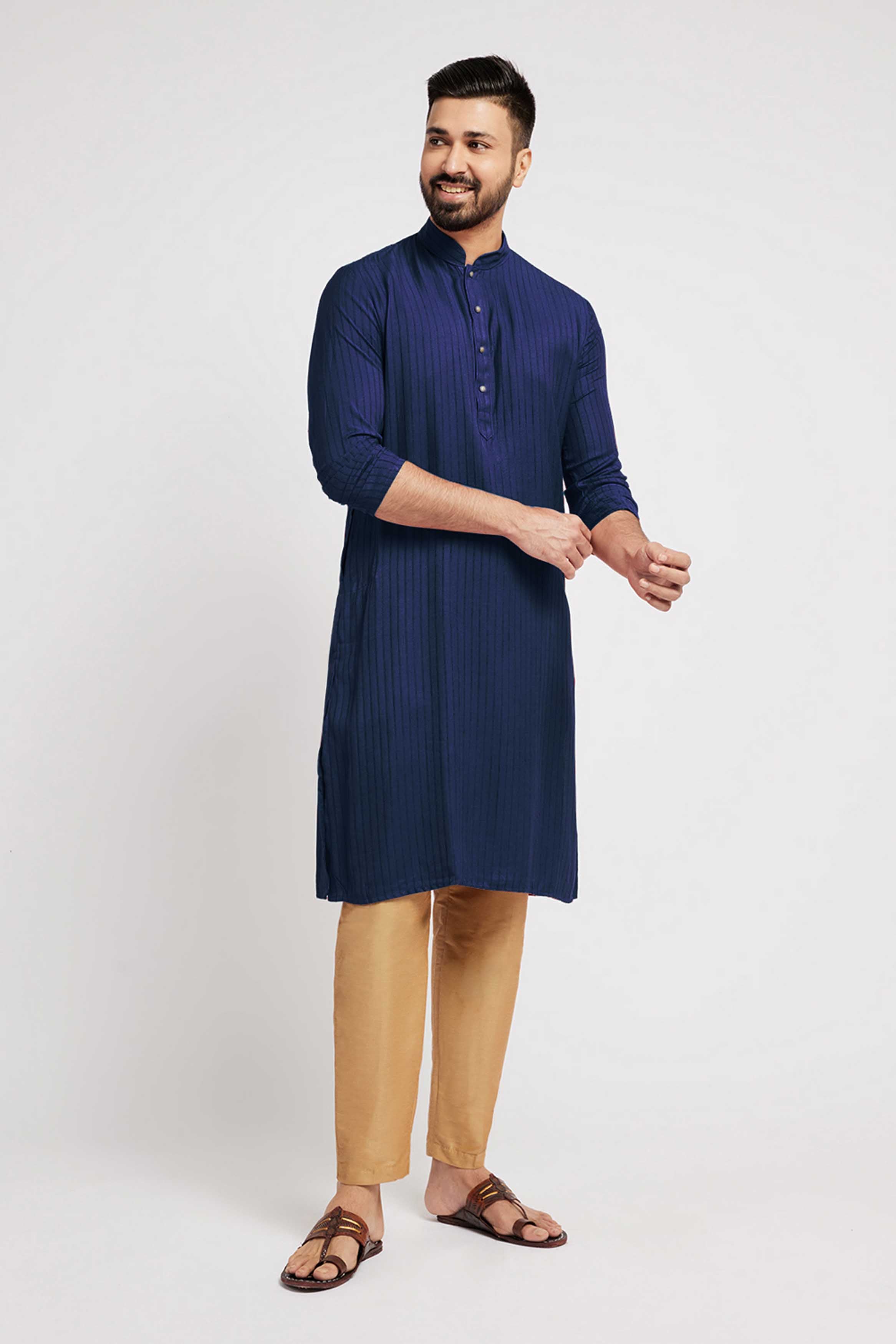 Navy Blue Striped Kurta