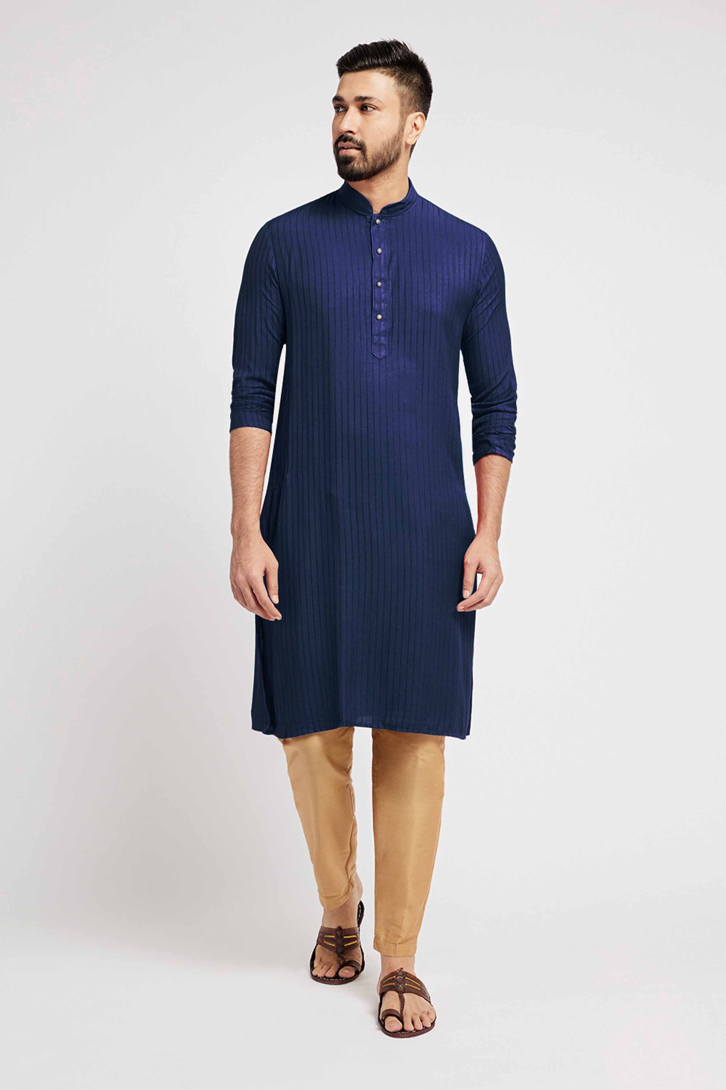 Navy Blue Striped Kurta