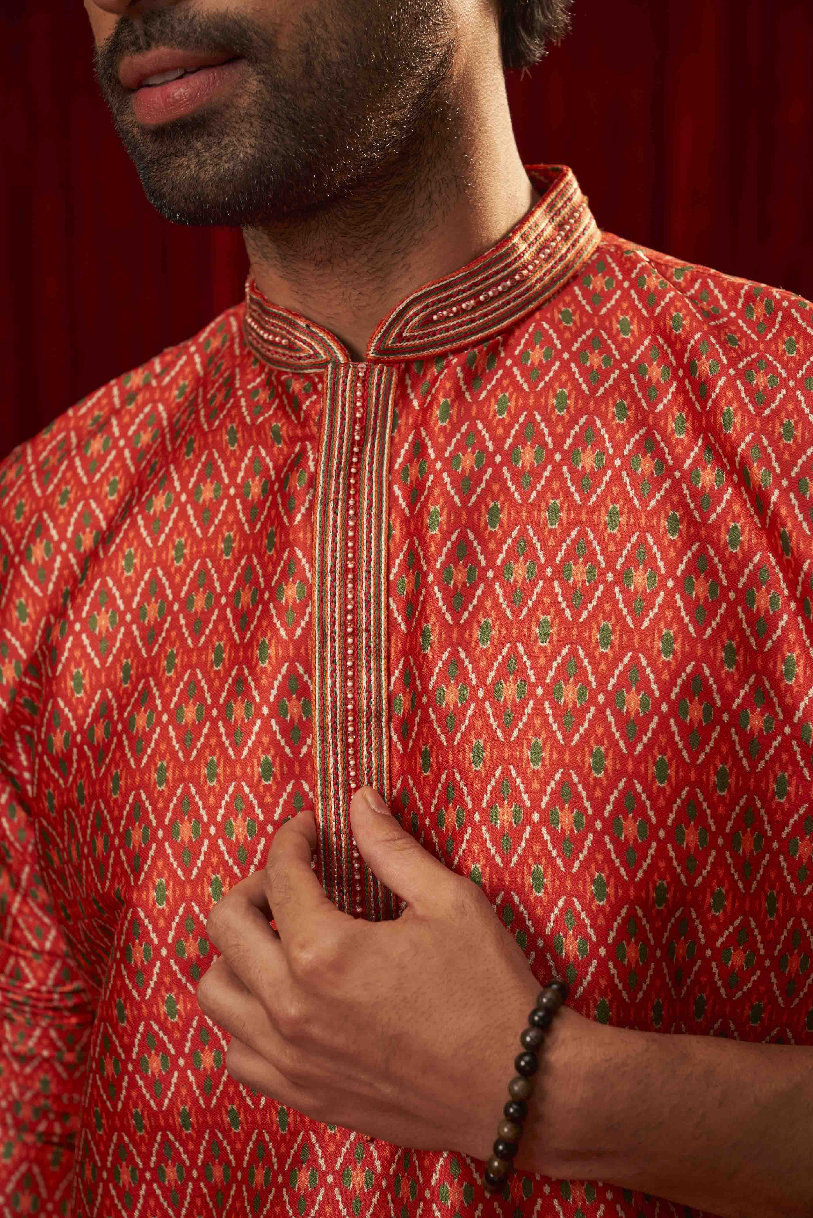 Red Traditional Print Kurta