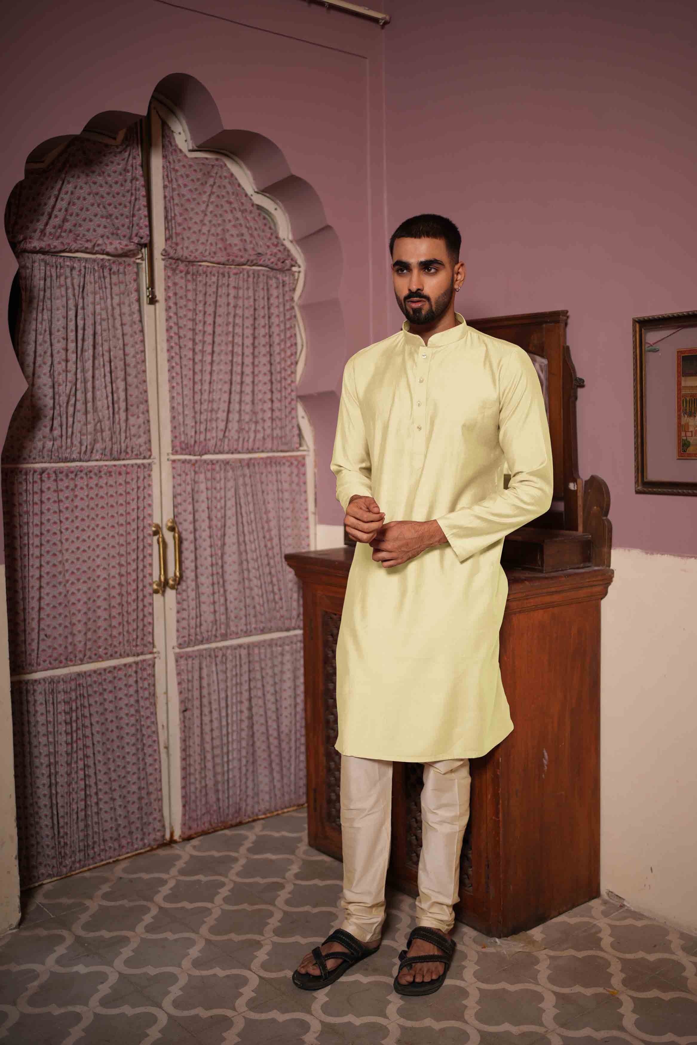 Light Yellow Viscose Solid Kurta