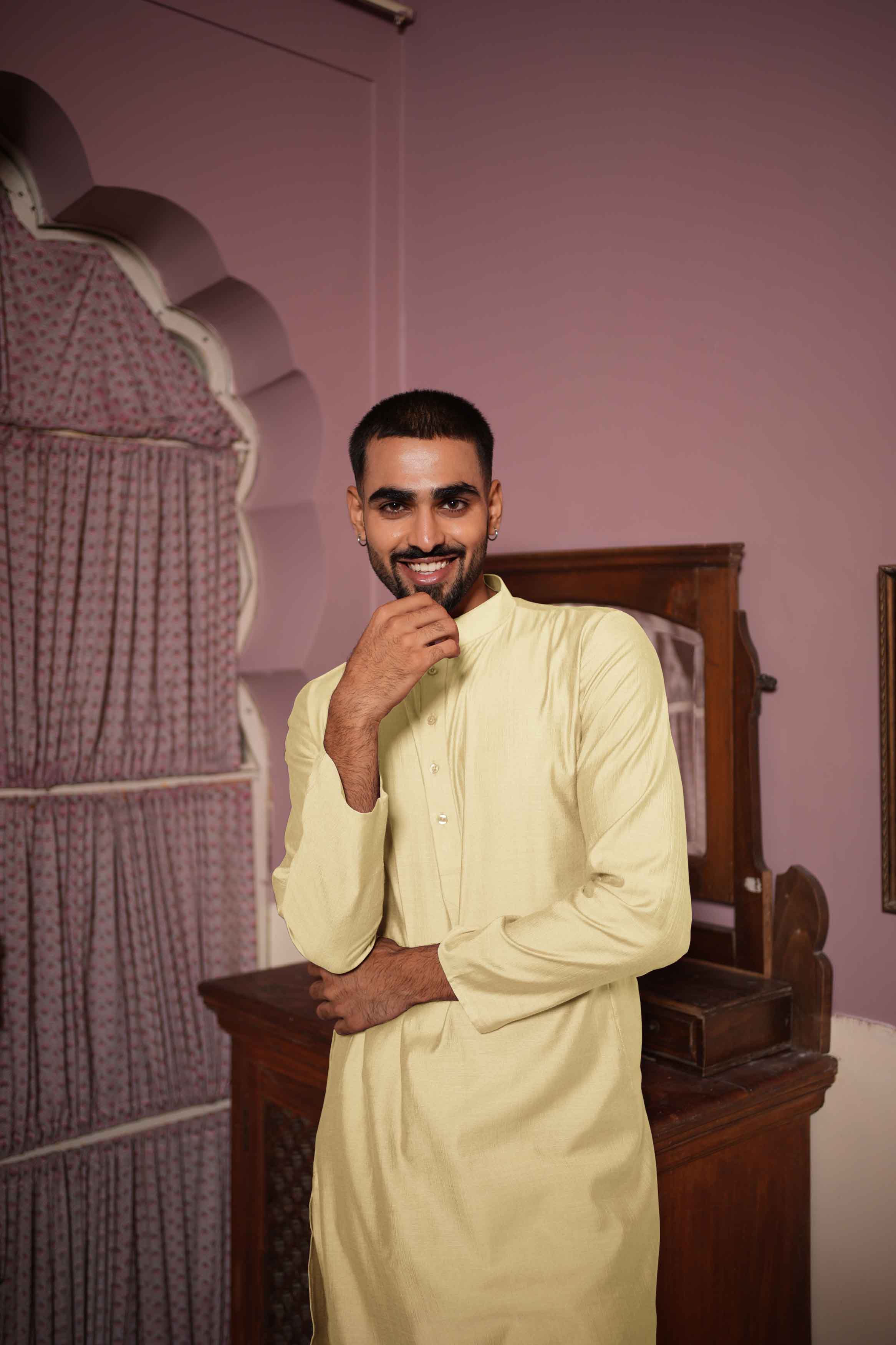 Light Yellow Viscose Solid Kurta