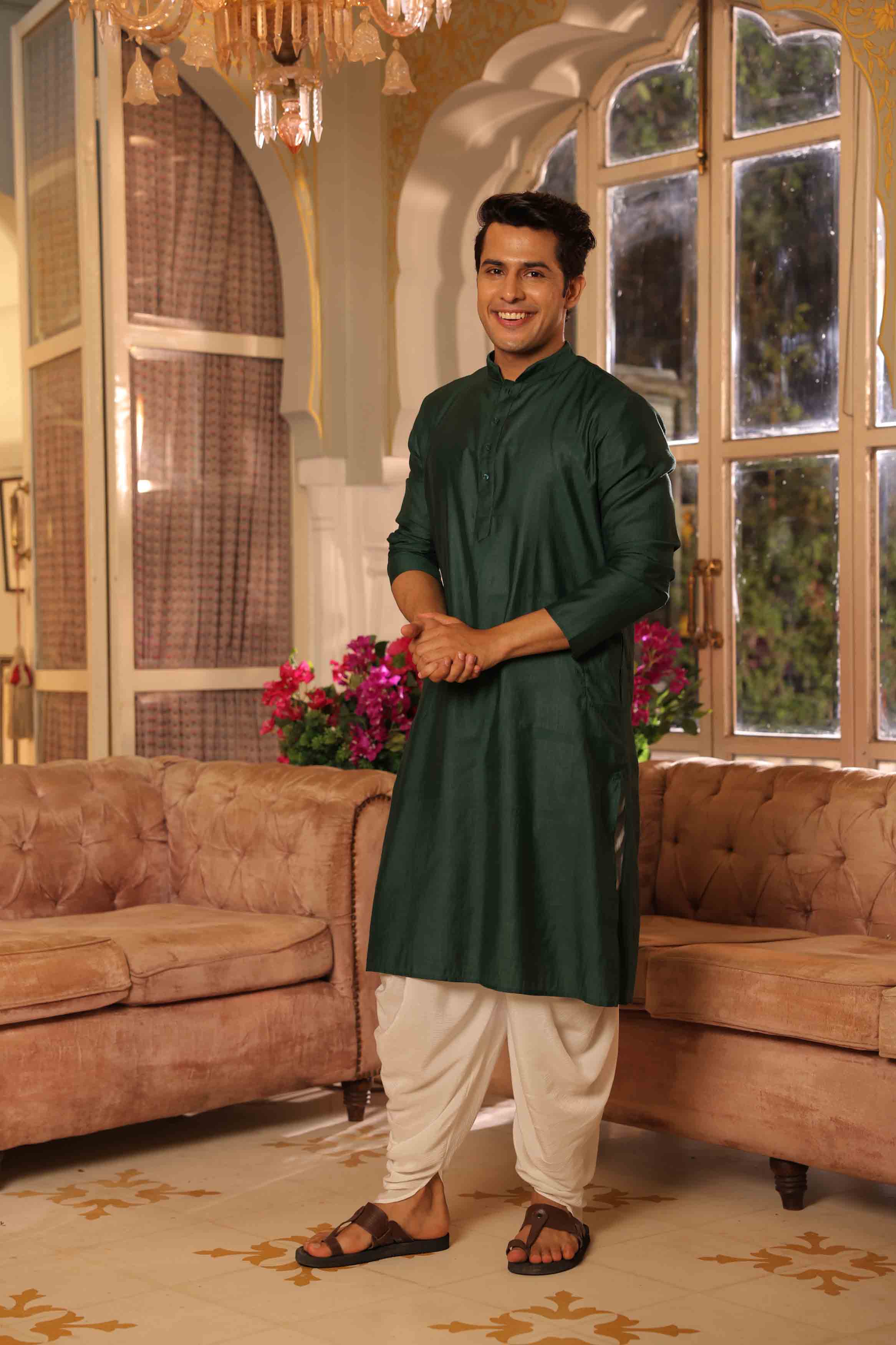 Bottle Green Viscose Solid Kurta