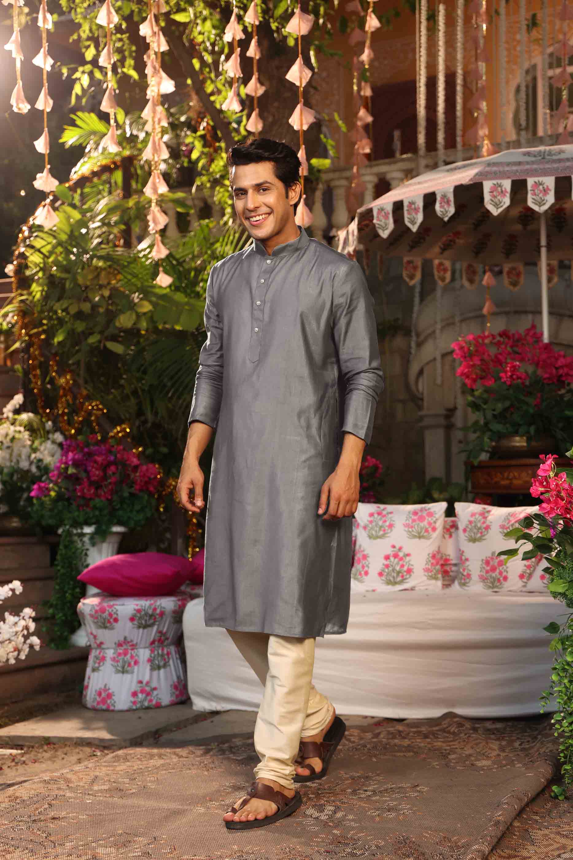 Grey Viscose Solid Kurta