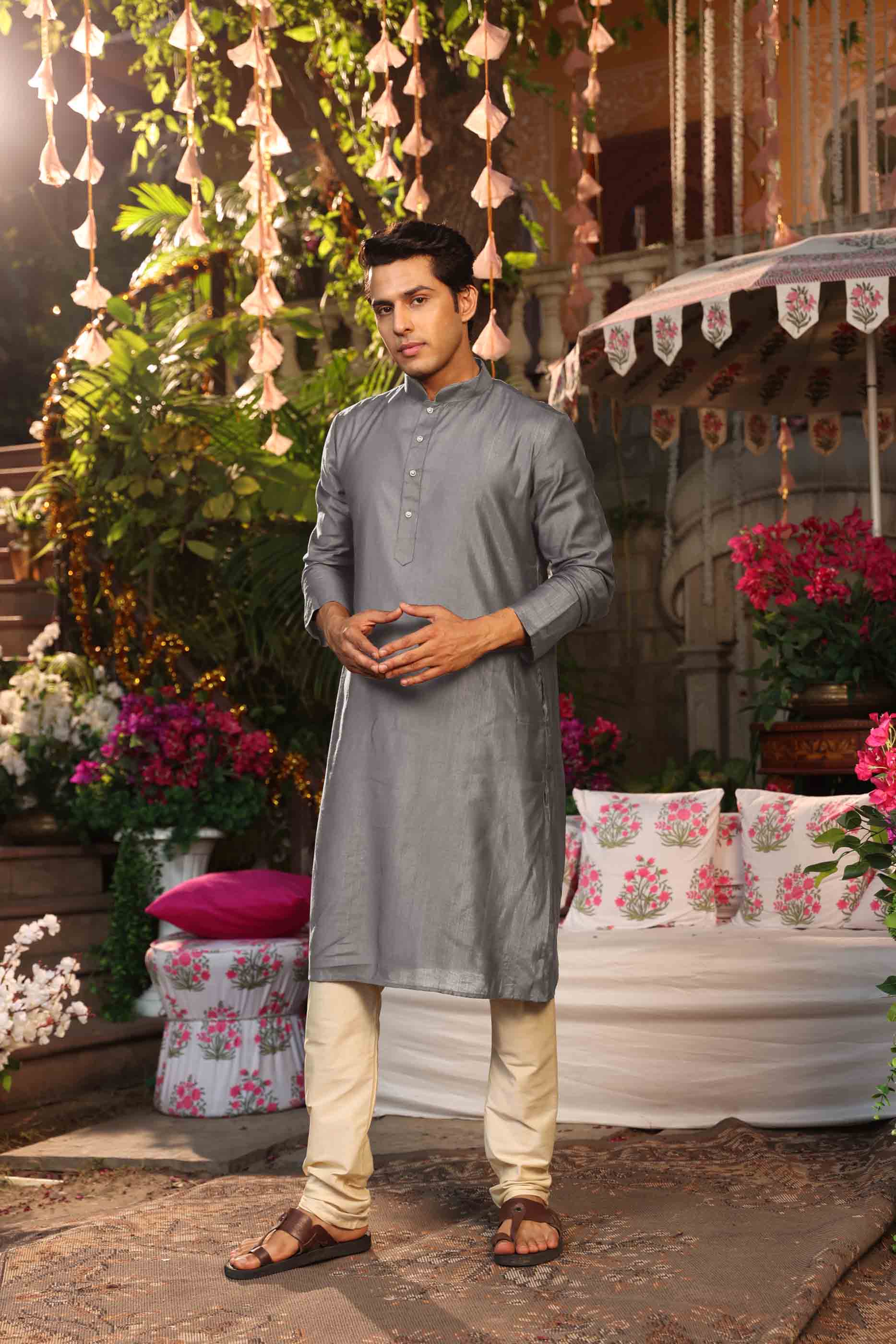 Grey Viscose Solid Kurta