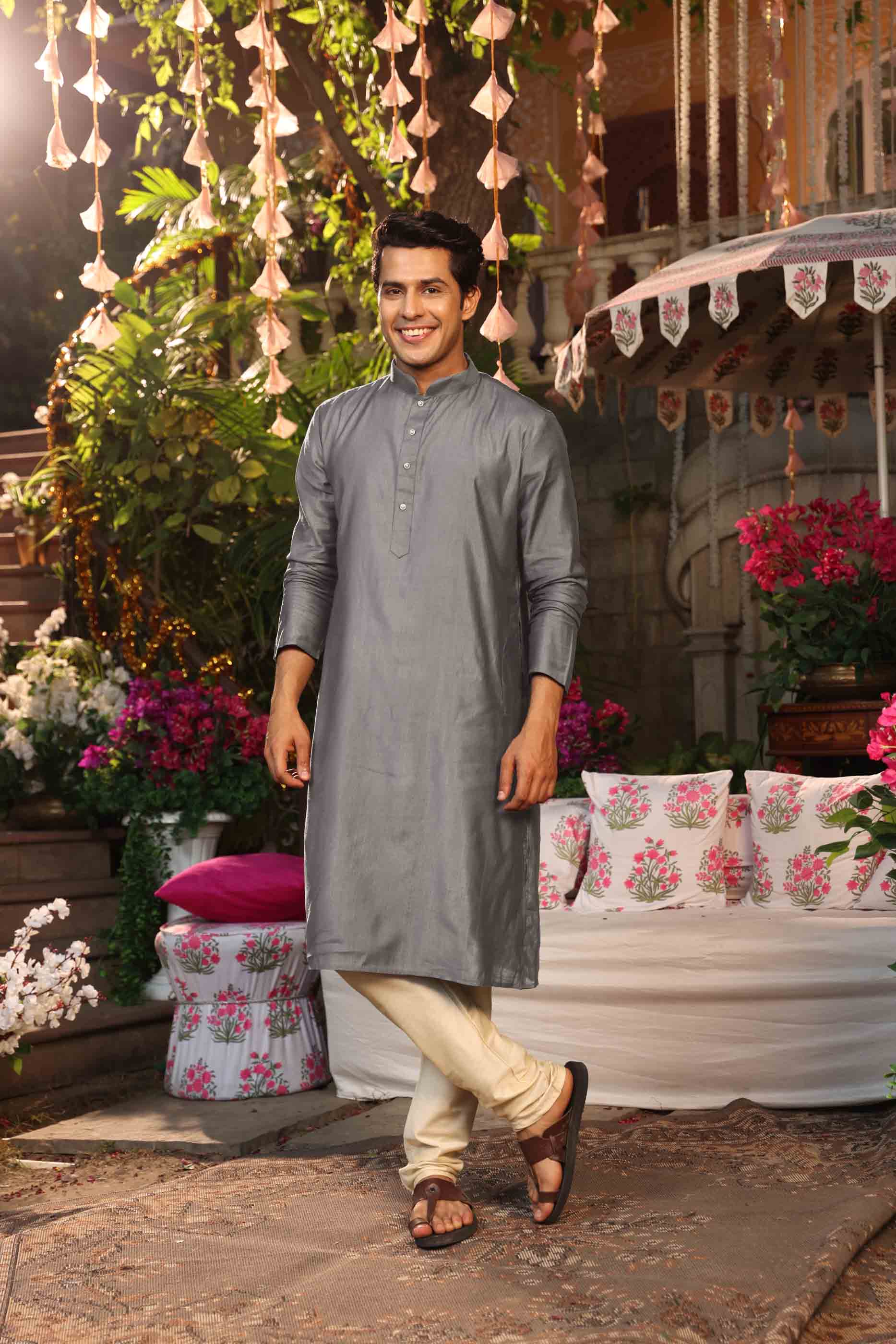 Grey Viscose Solid Kurta