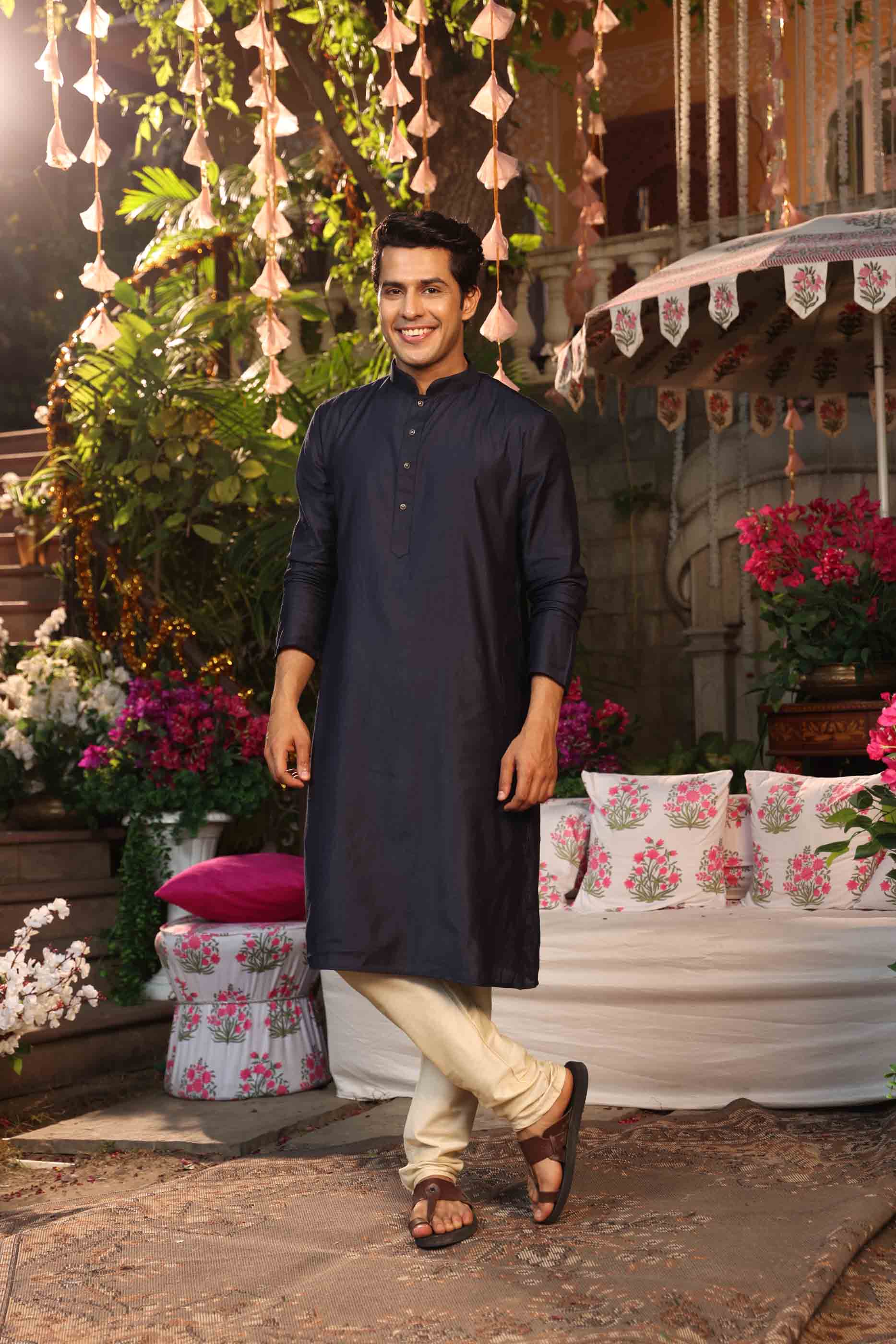 Navy Blue Viscose Solid Kurta