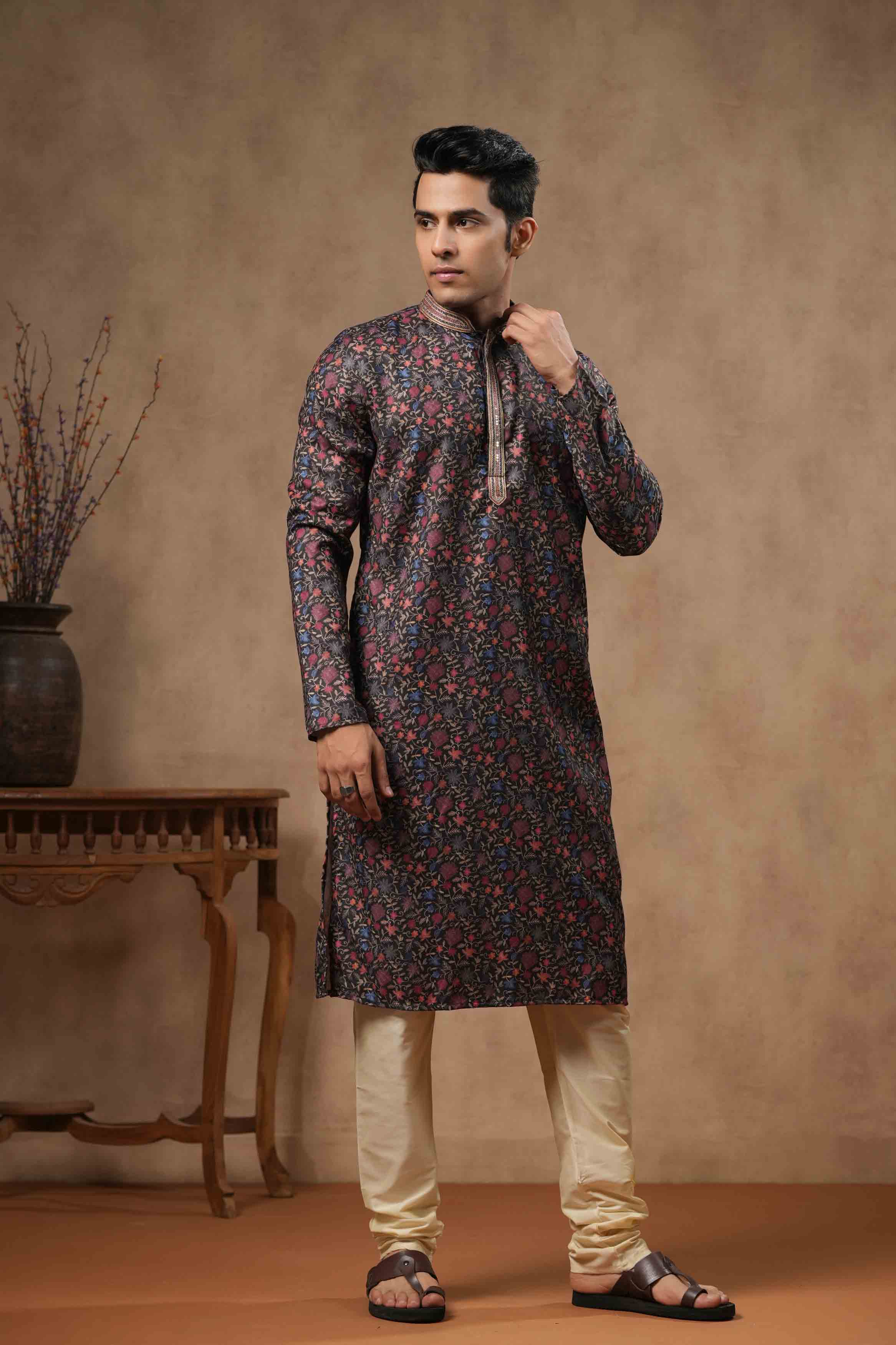 Black Floral Printed Kurta with Handwork collar