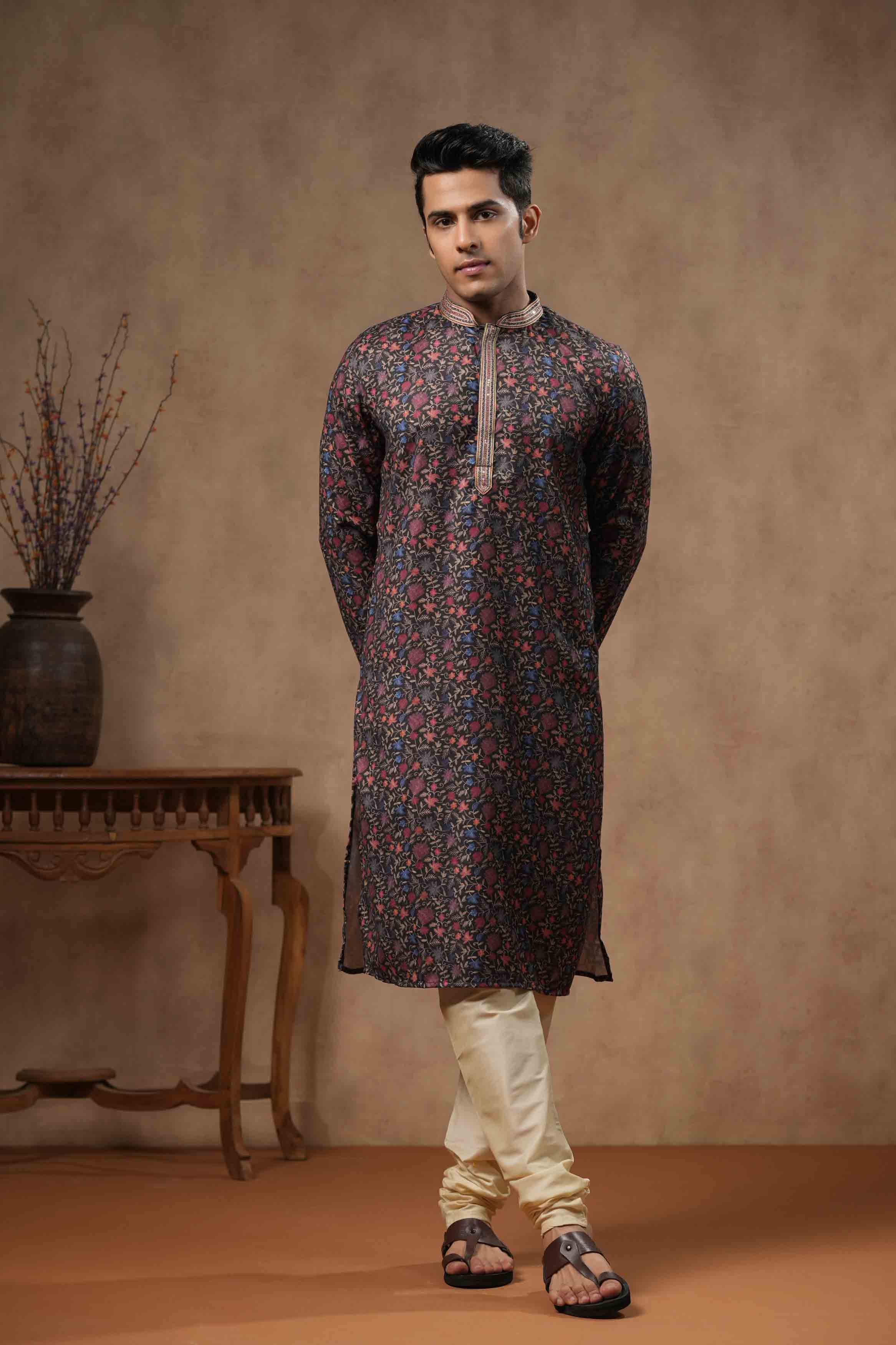 Black Floral Printed Kurta with Handwork collar