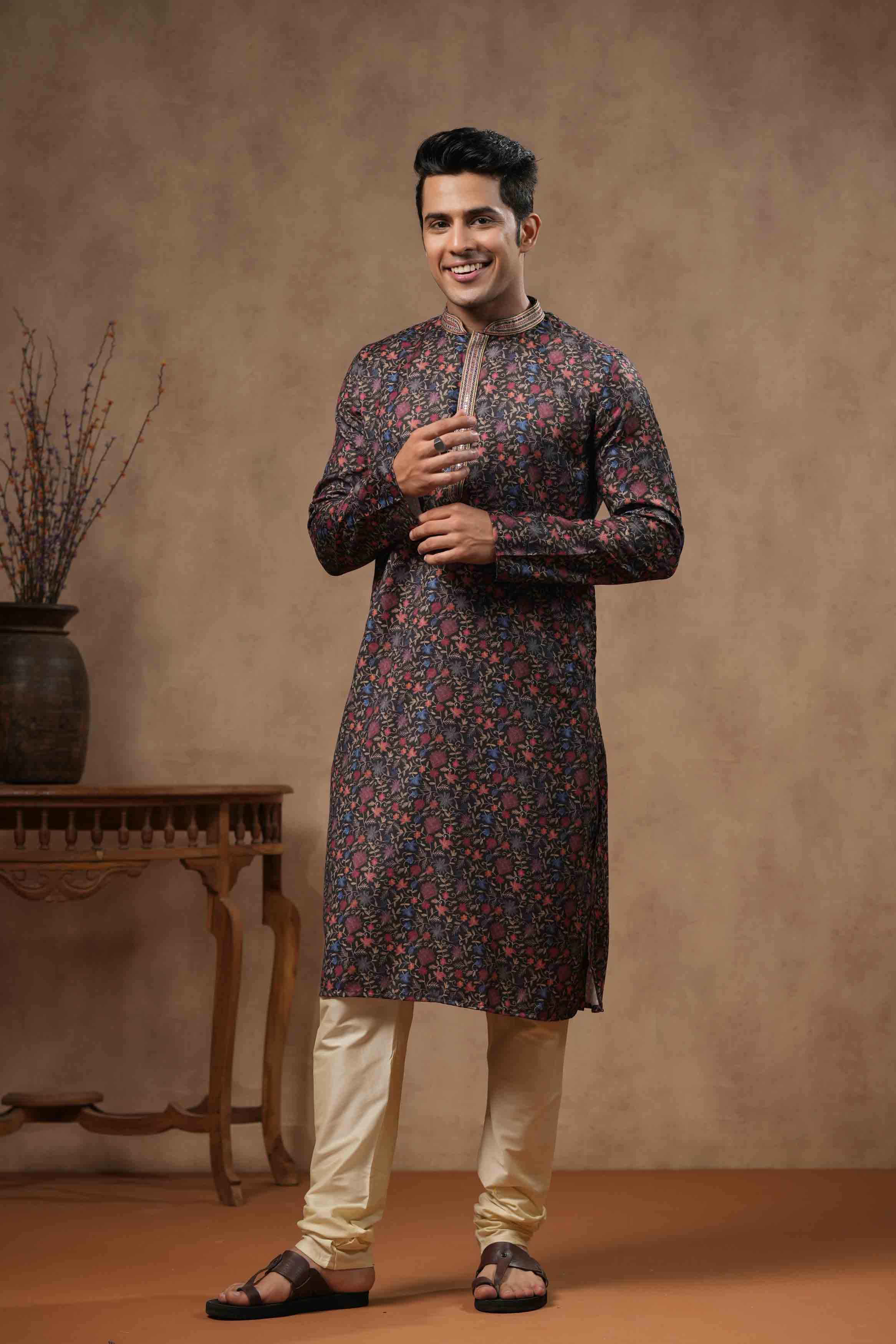 Black Floral Printed Kurta with Handwork collar