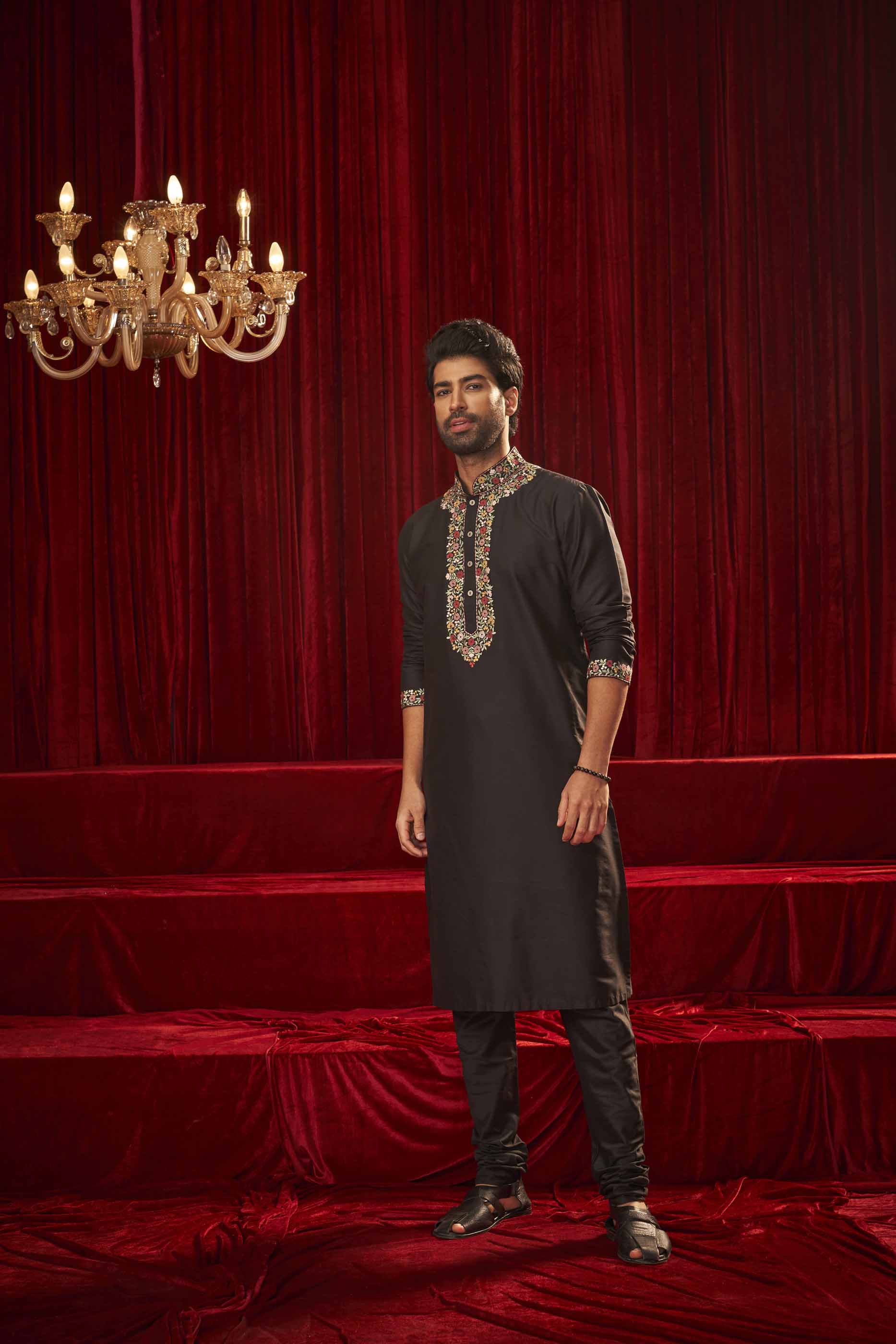 Black Viscose Kurta with Handwork Collar