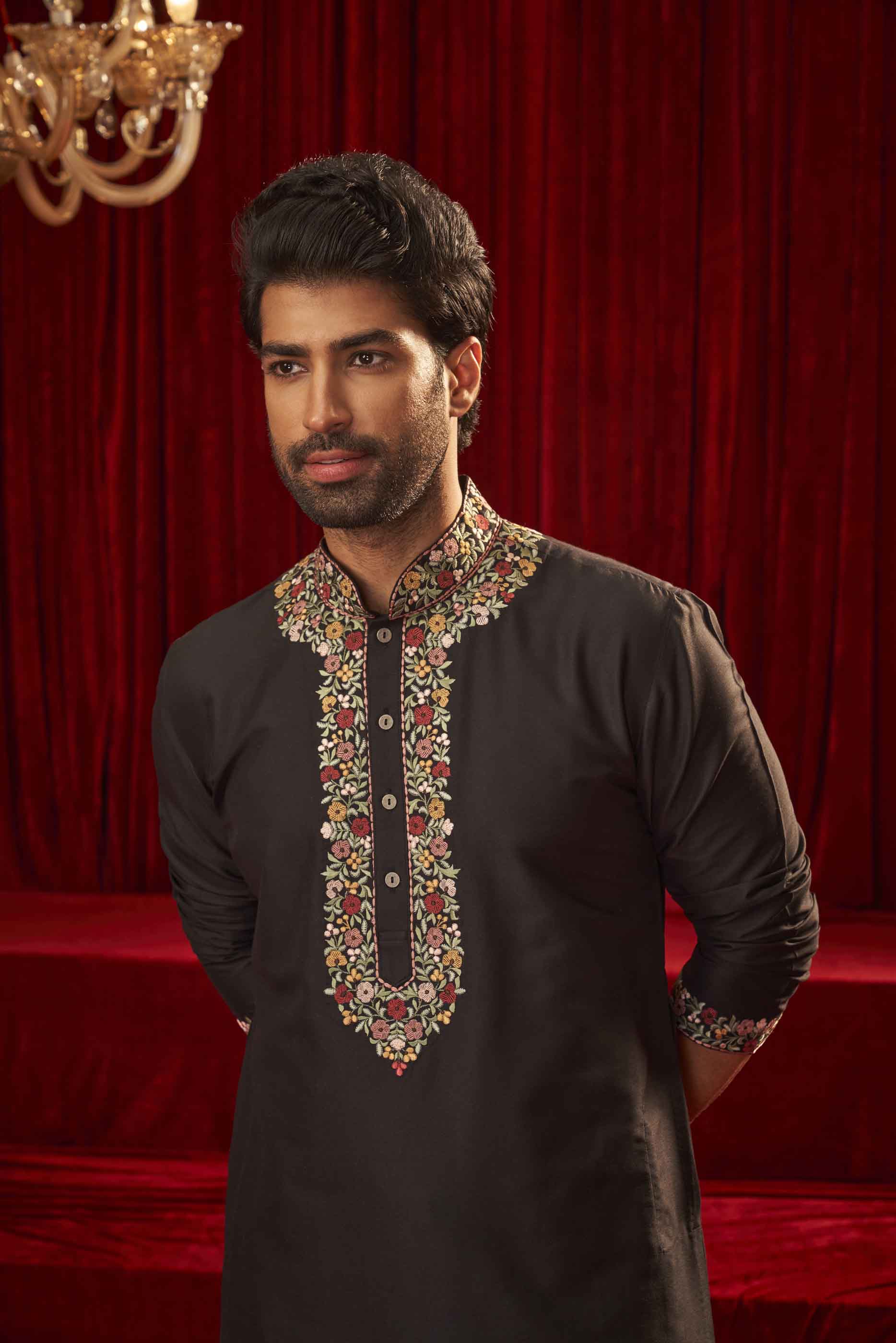 Black Viscose Kurta with Handwork Collar
