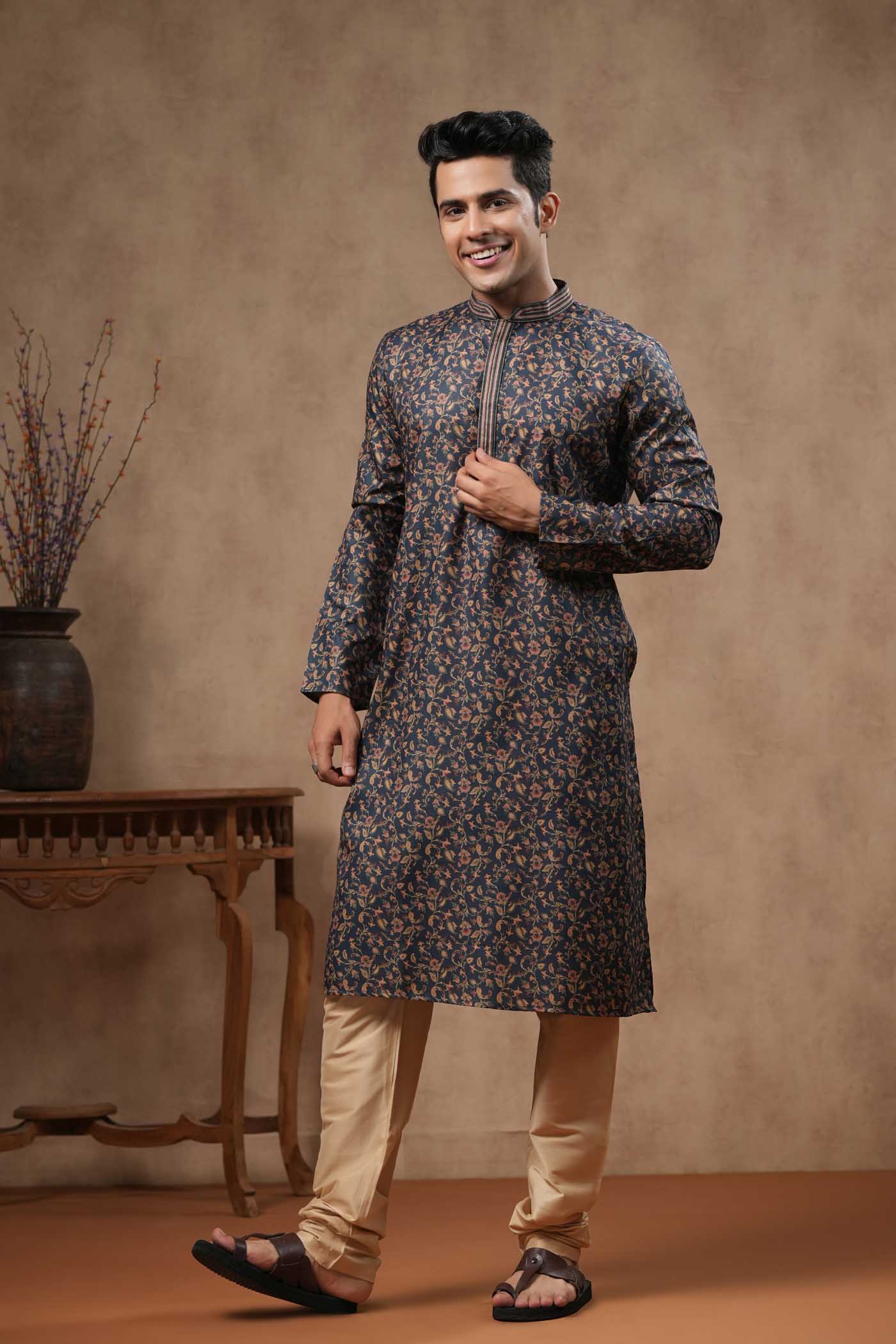 Navy Blue Floral Printed Kurta
