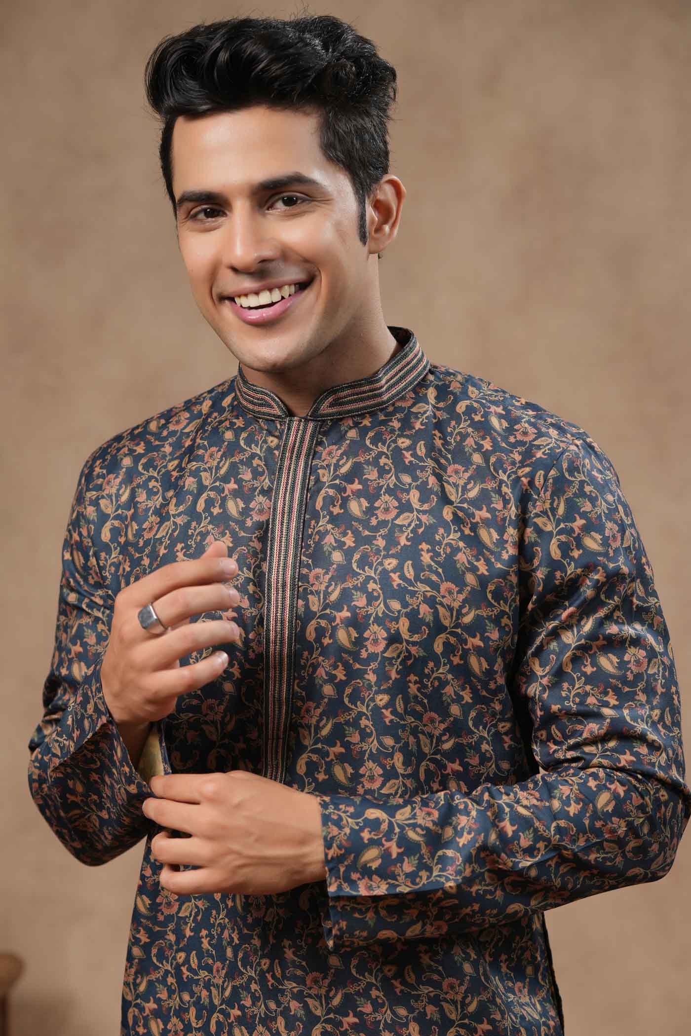 Navy Blue Floral Printed Kurta