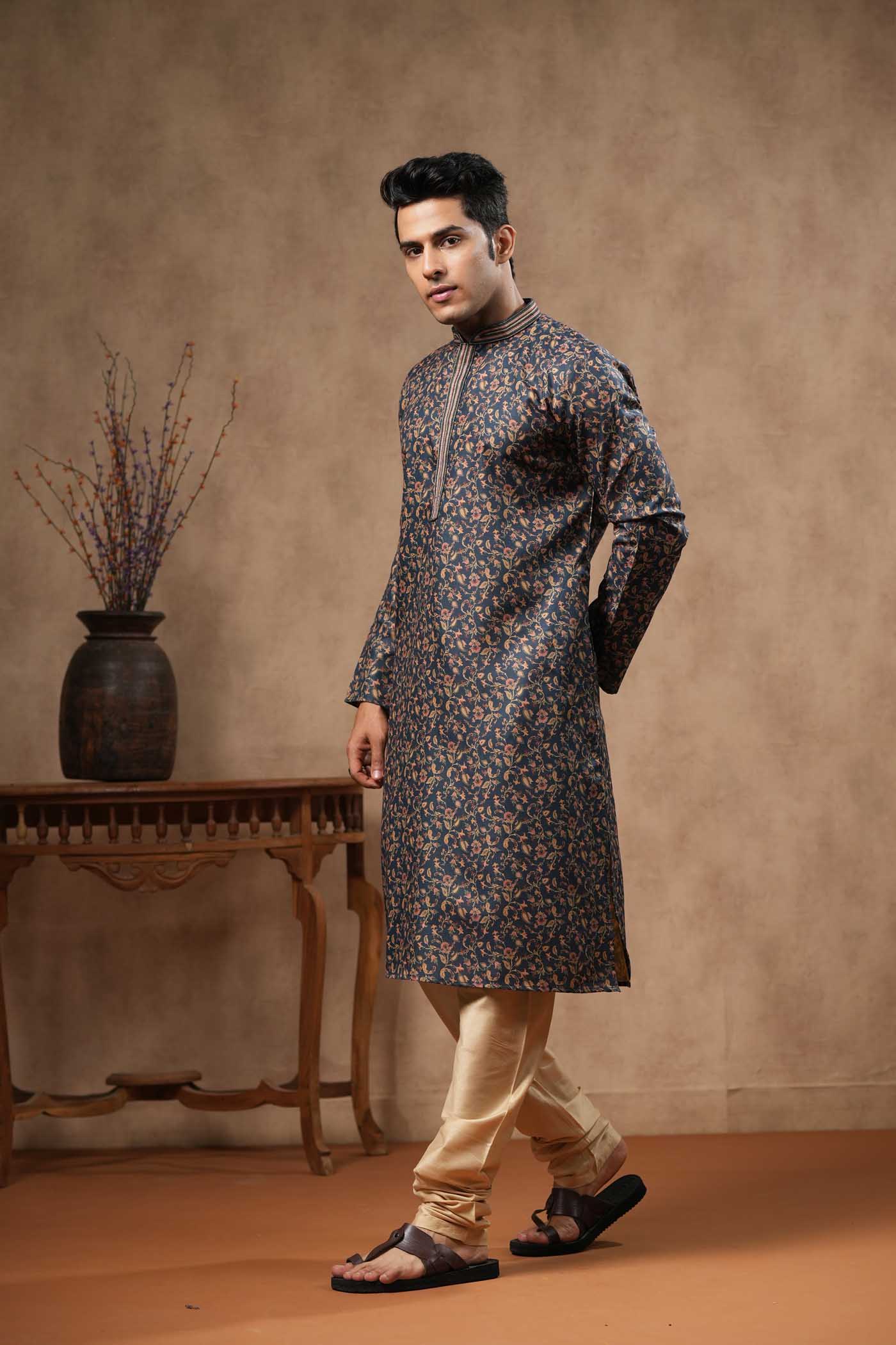 Navy Blue Floral Printed Kurta