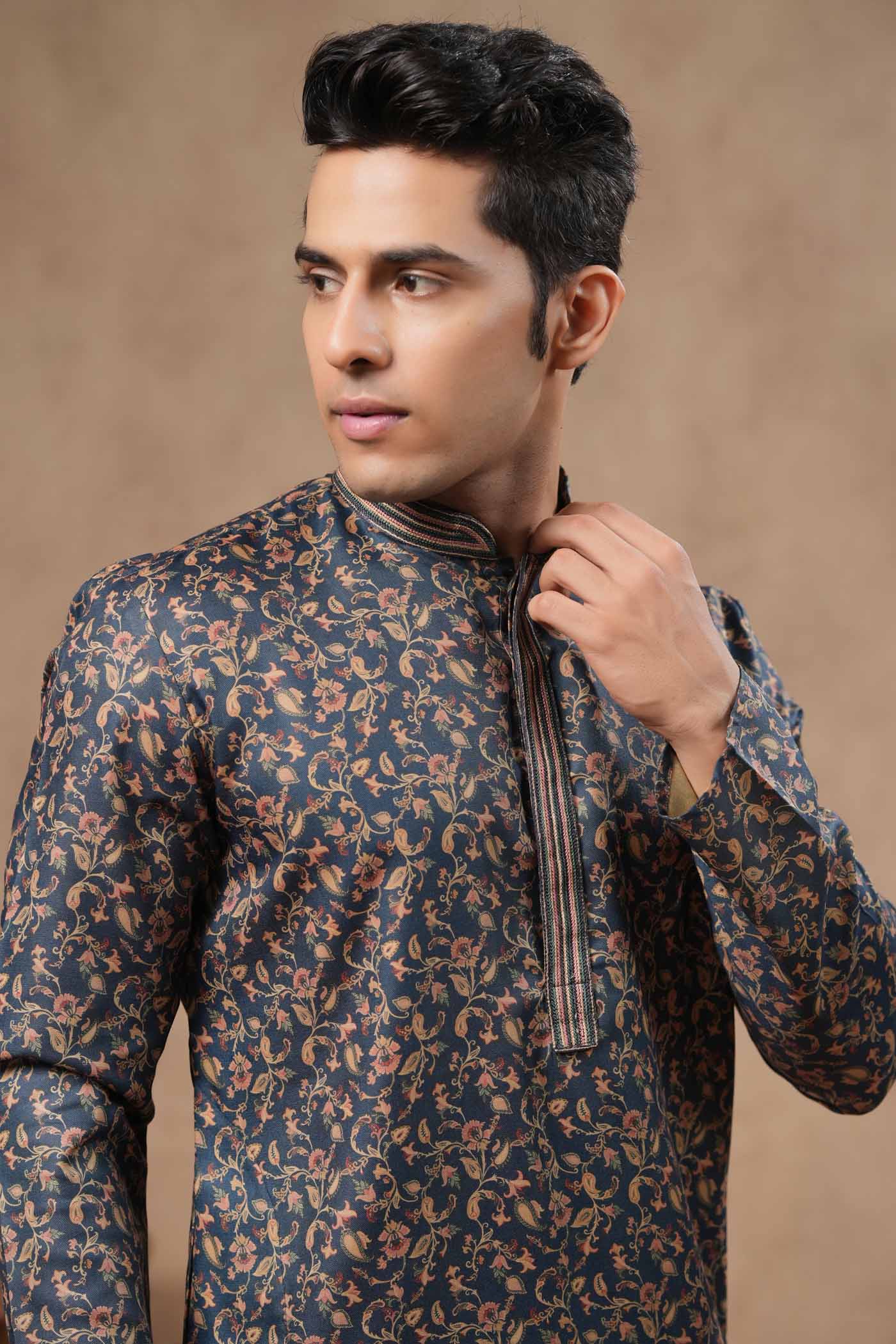 Navy Blue Floral Printed Kurta