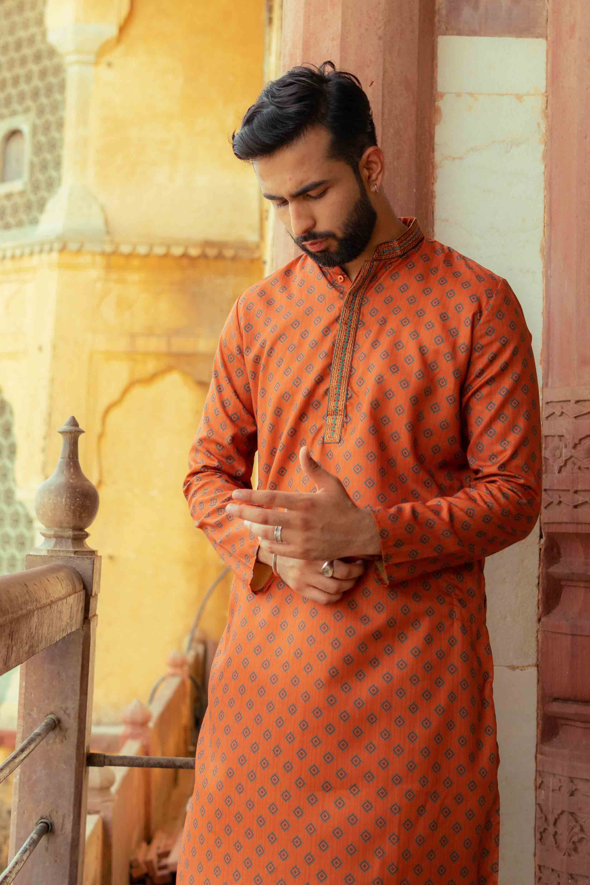 Orange Motif Print Kurta