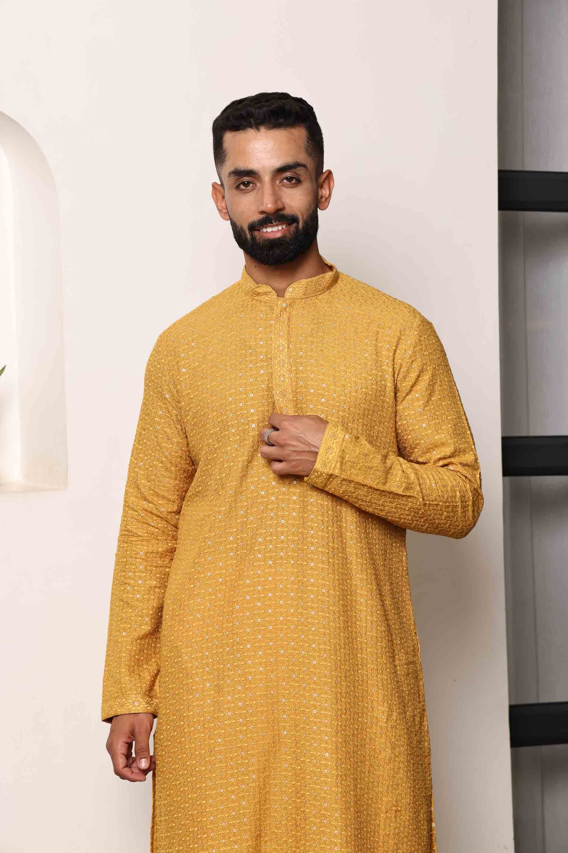 Yellow Traditional Embroidery Kurta with Sequence