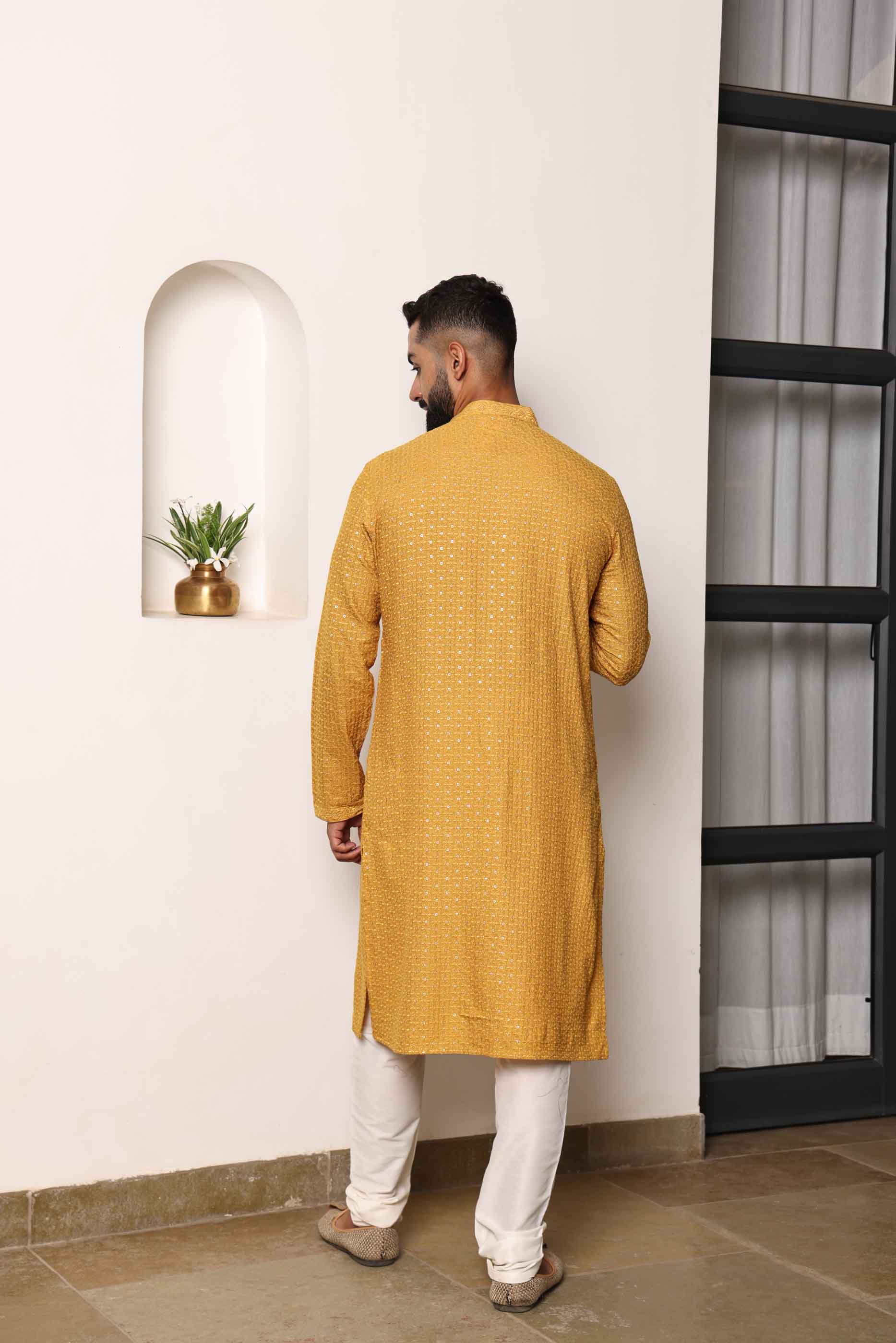 Yellow Traditional Embroidery Kurta with Sequence