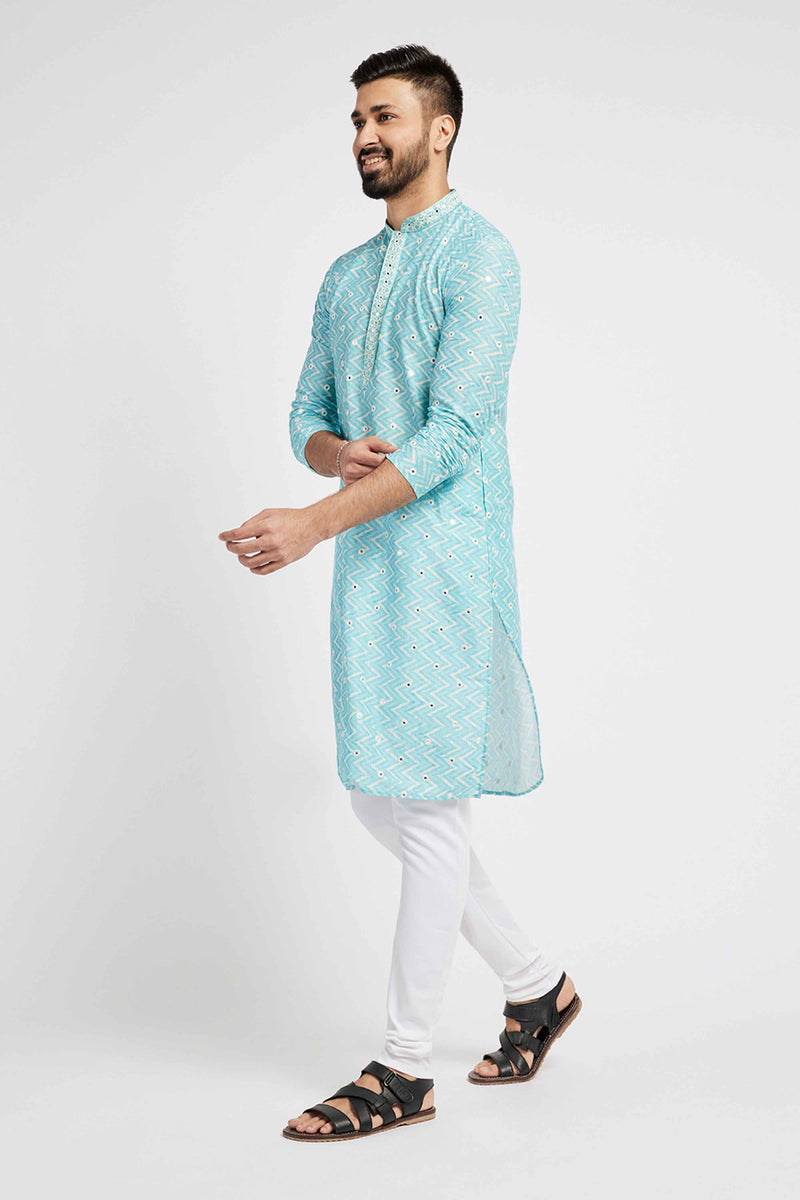 Light blue Printed mirrorwork kurta