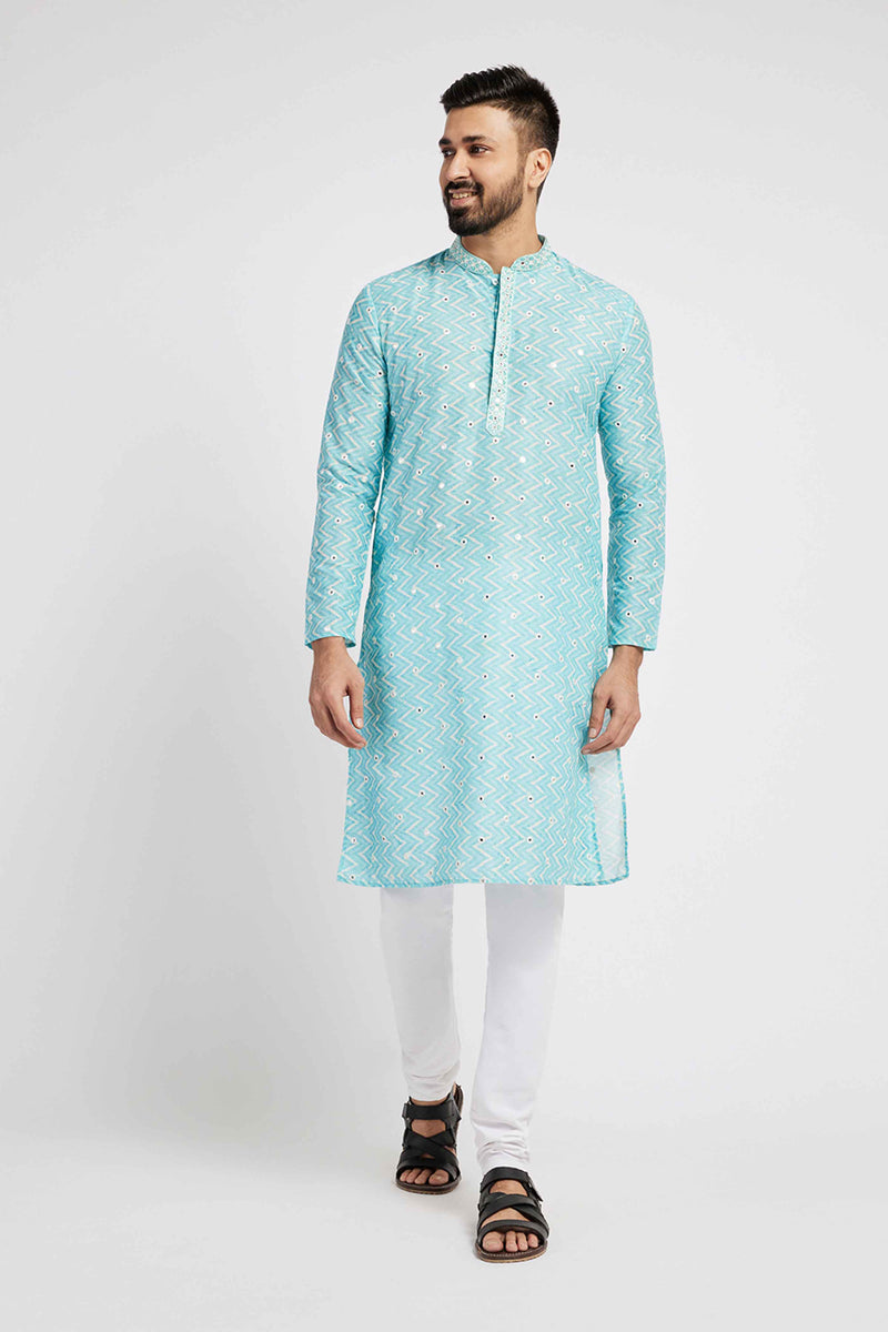 Light blue Printed mirrorwork kurta