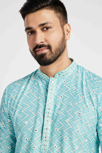 Light blue Printed mirrorwork kurta