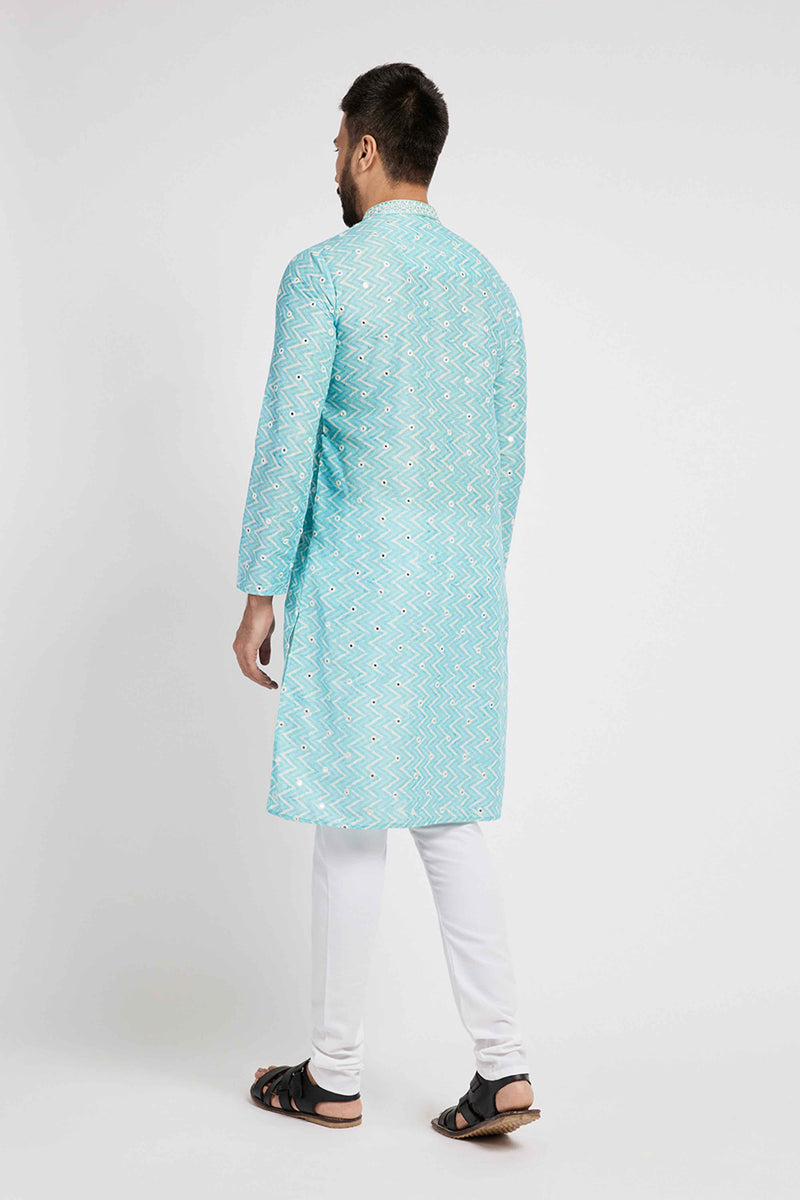 Light blue Printed mirrorwork kurta