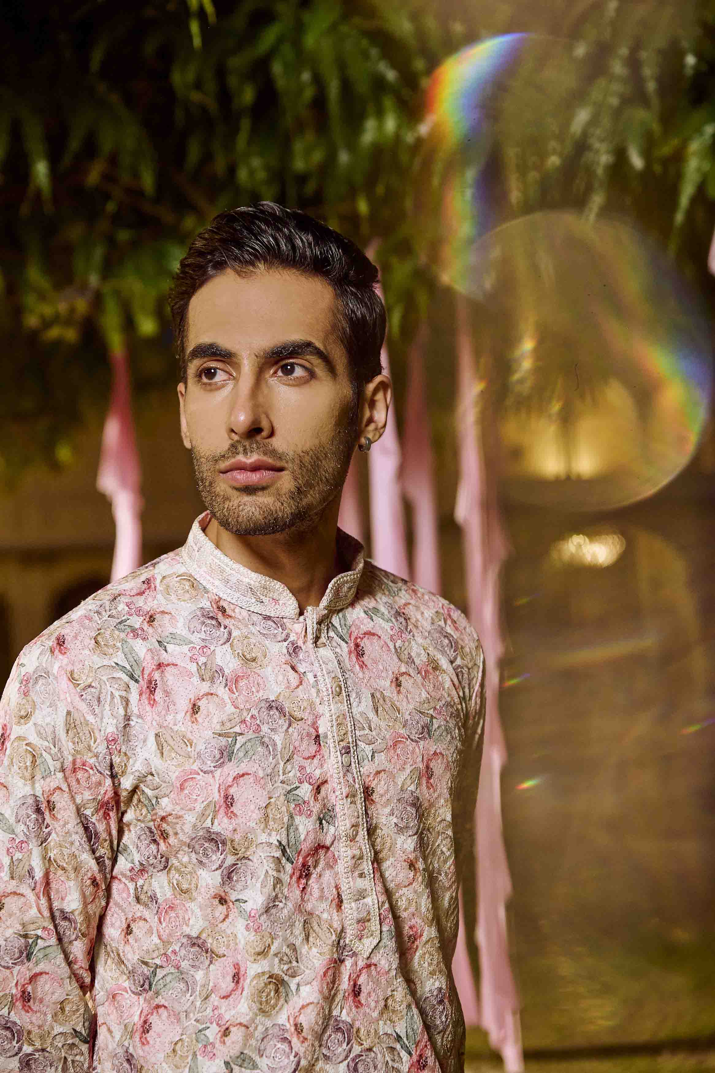 Pink Floral Printed Chikanakari Kurta