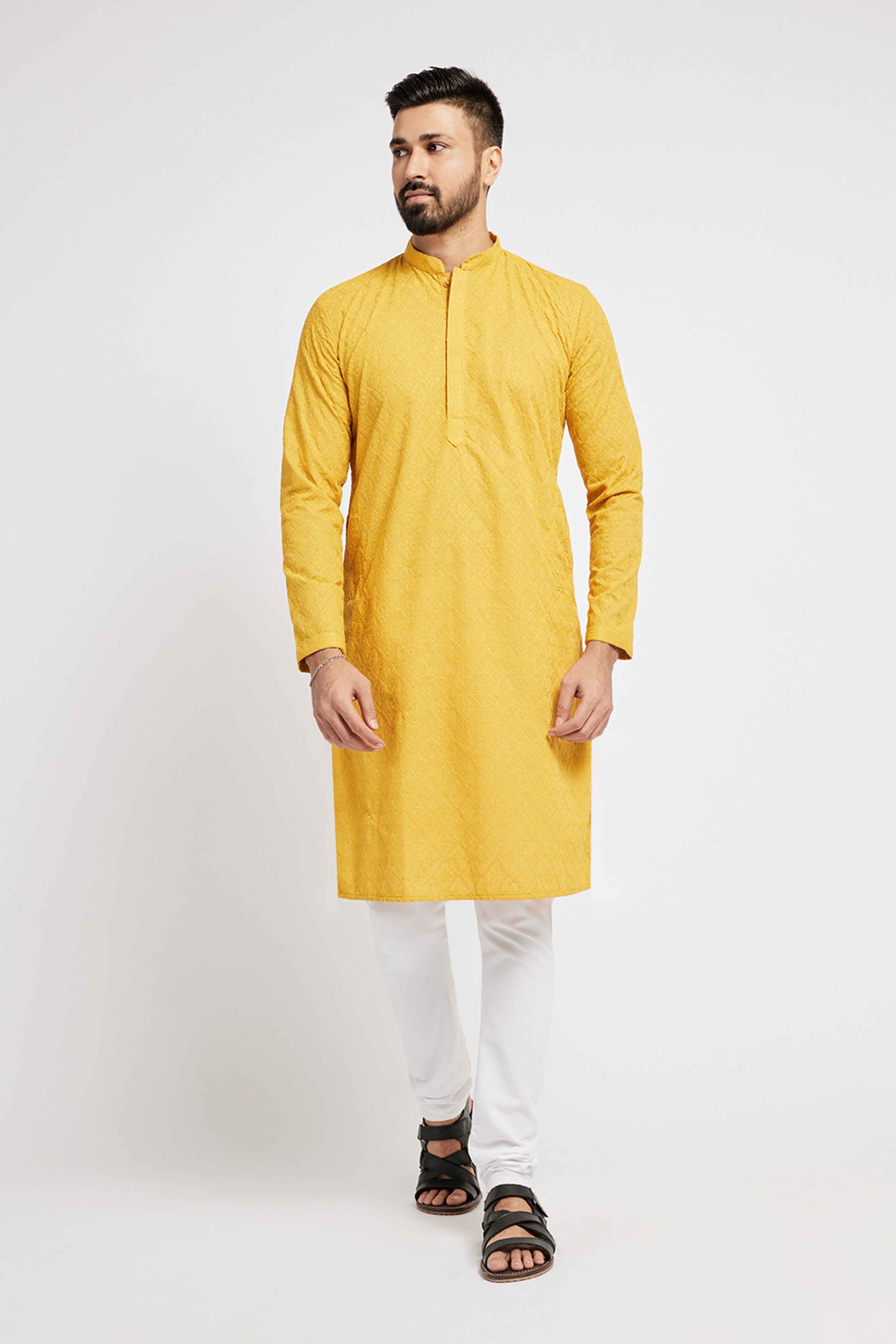 Mustard Chikanakari Embroidery Kurta