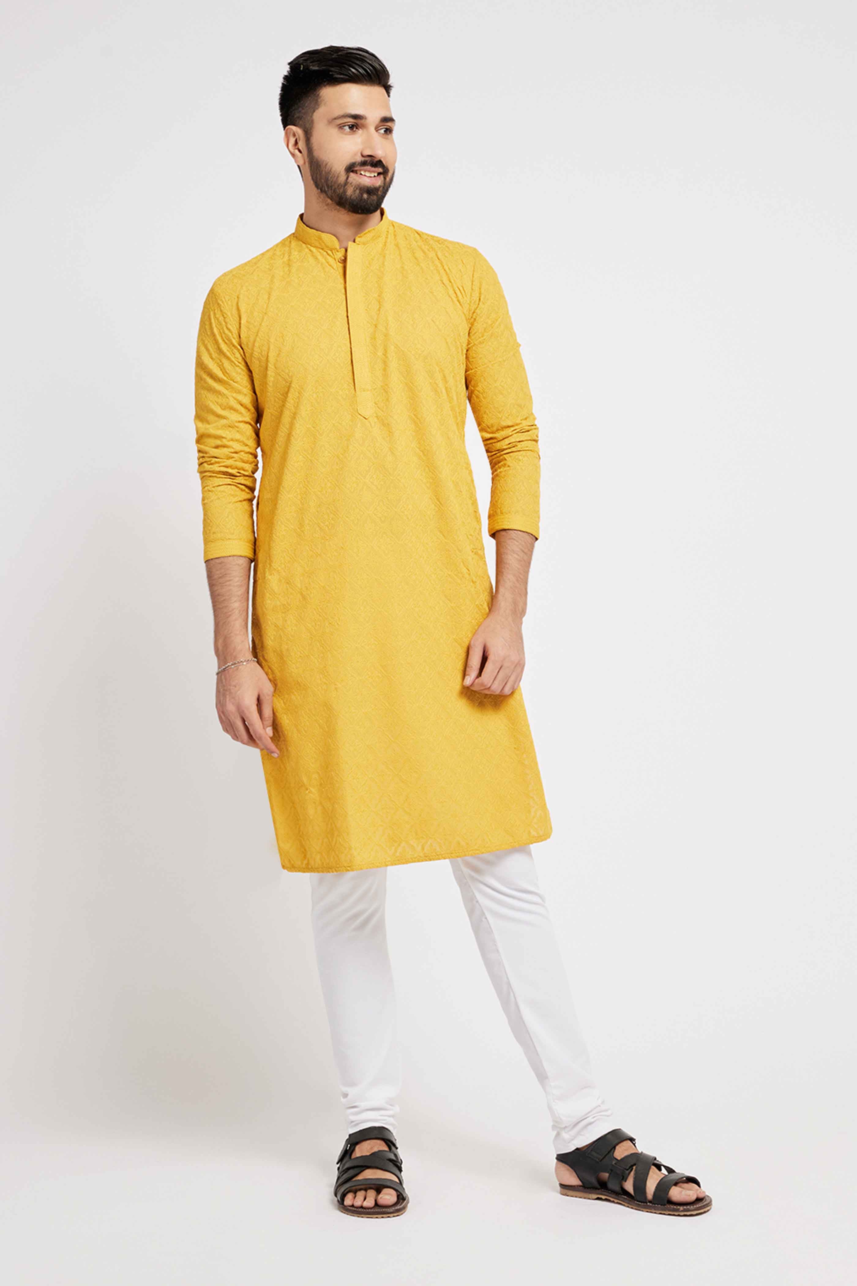 Mustard Chikanakari Embroidery Kurta