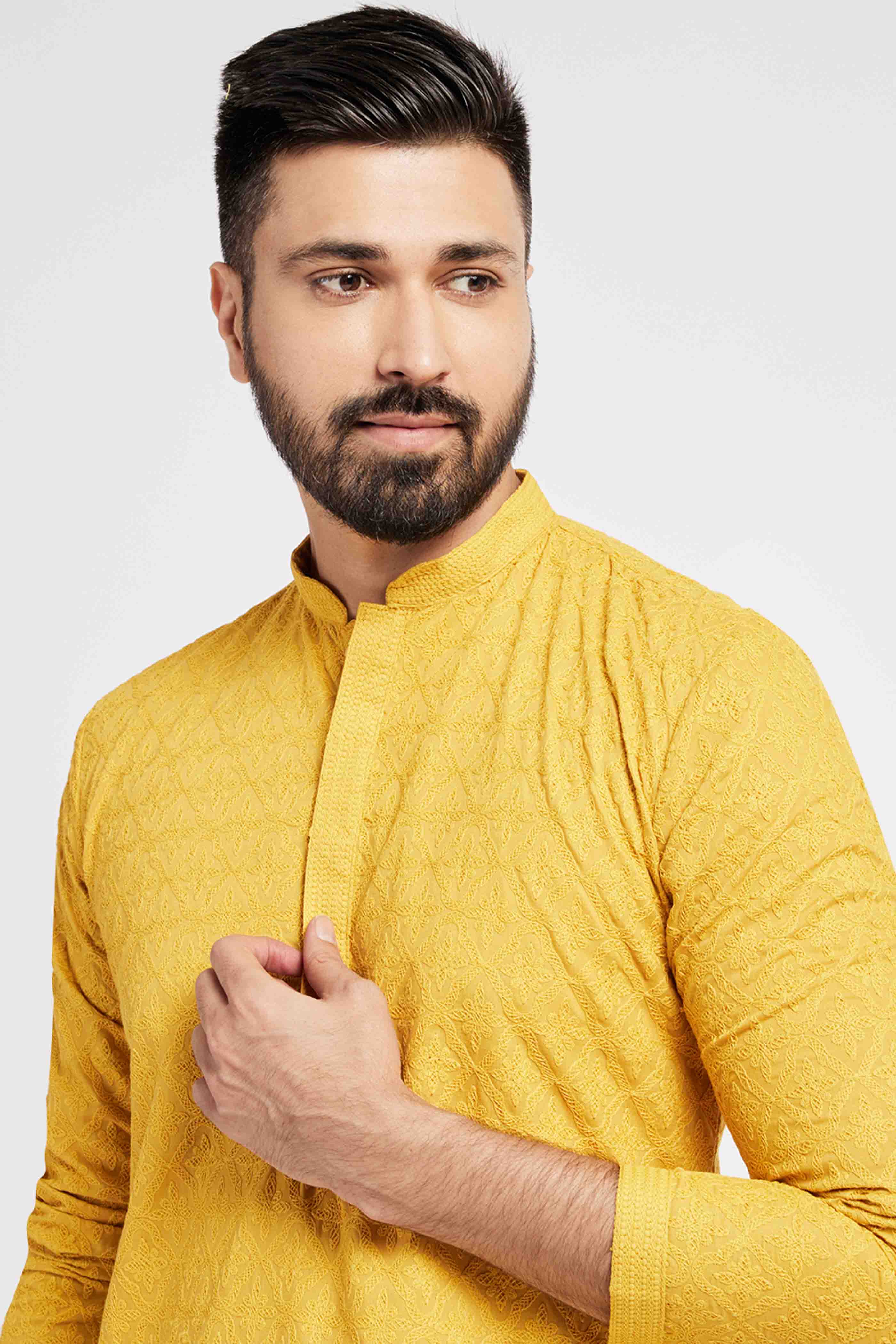 Mustard Chikanakari Embroidery Kurta