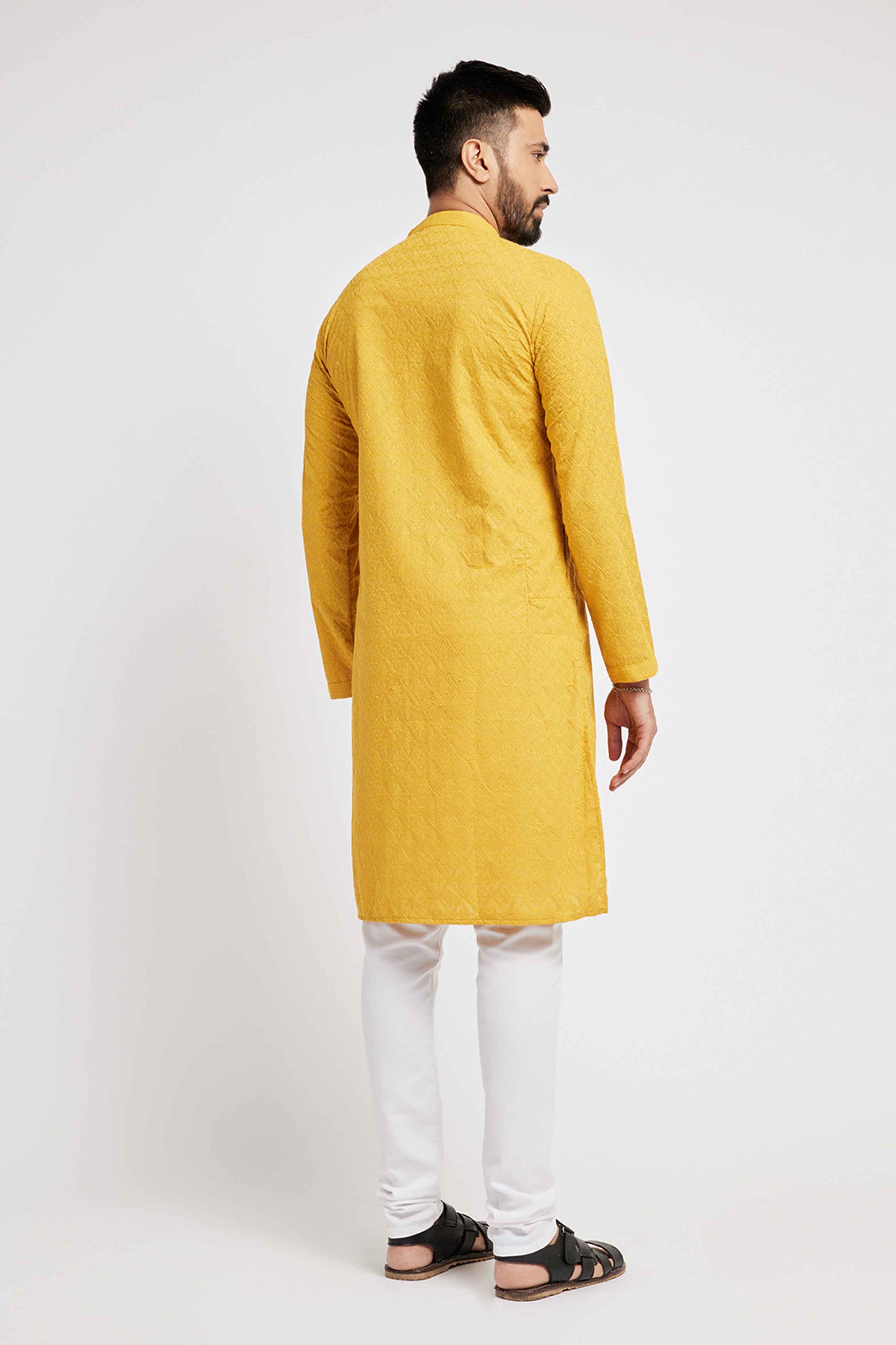 Mustard Chikanakari Embroidery Kurta