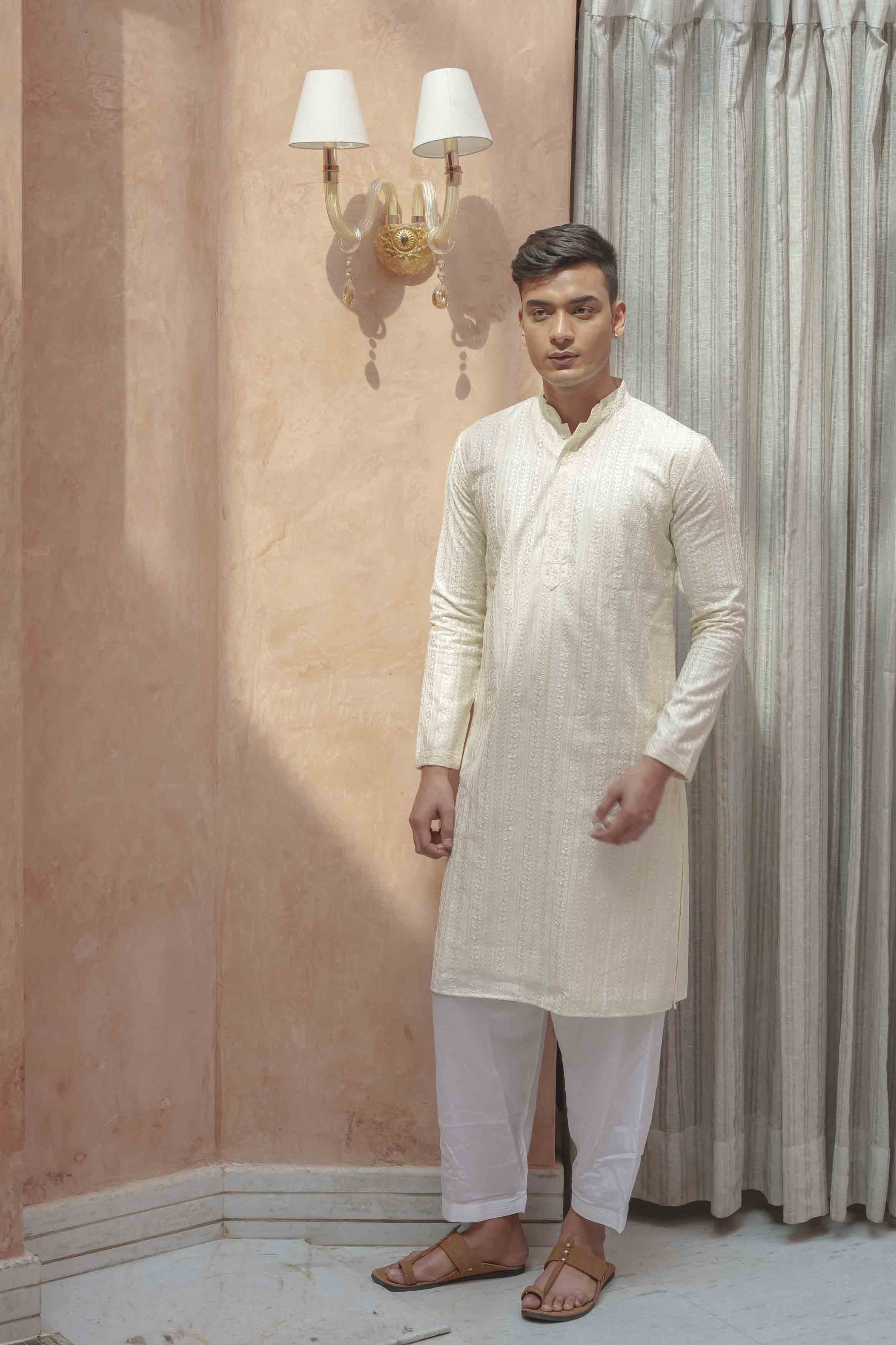 Cream floral Embroidered Kurta with sequence