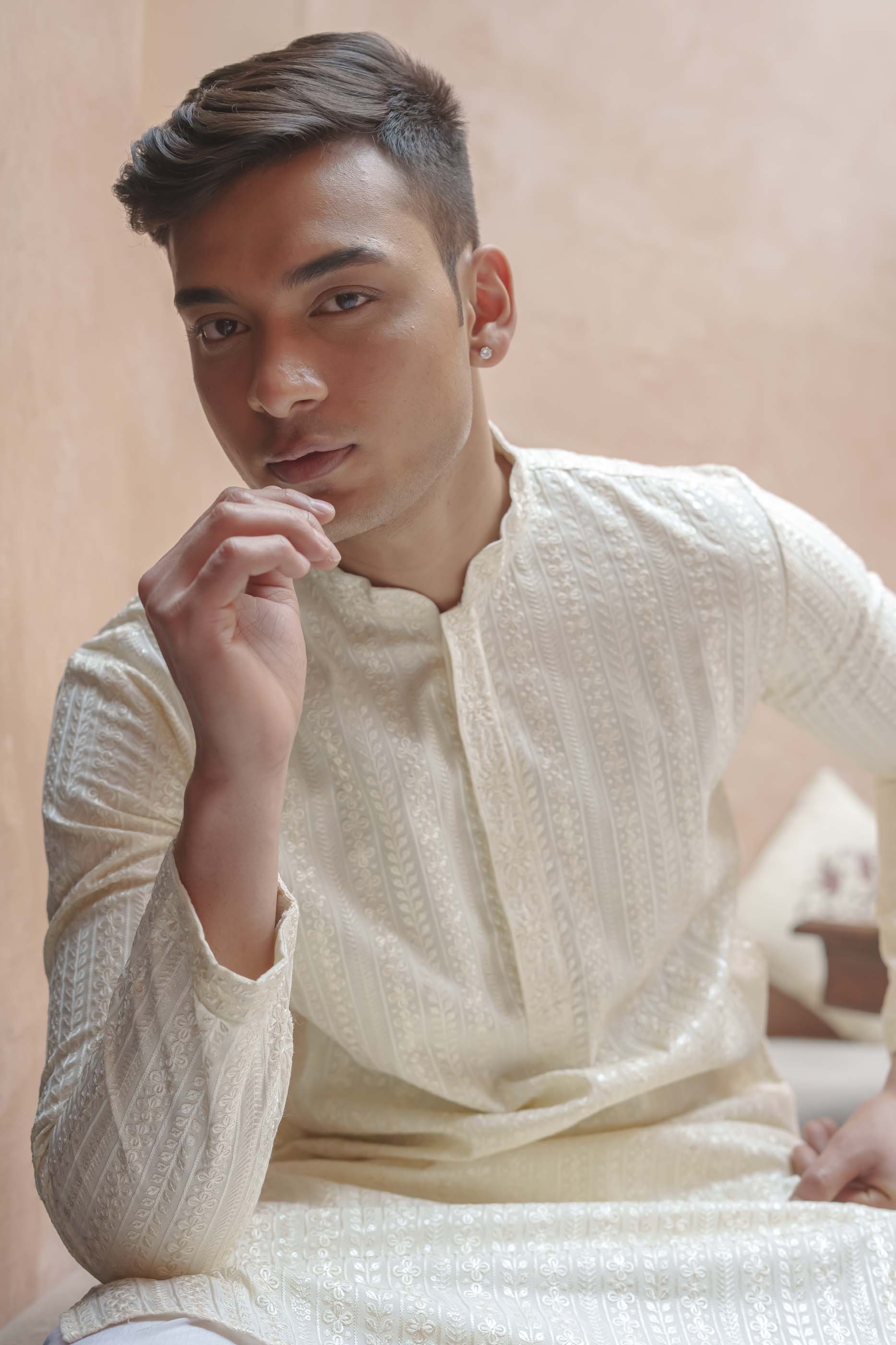 Cream floral Embroidered Kurta with sequence