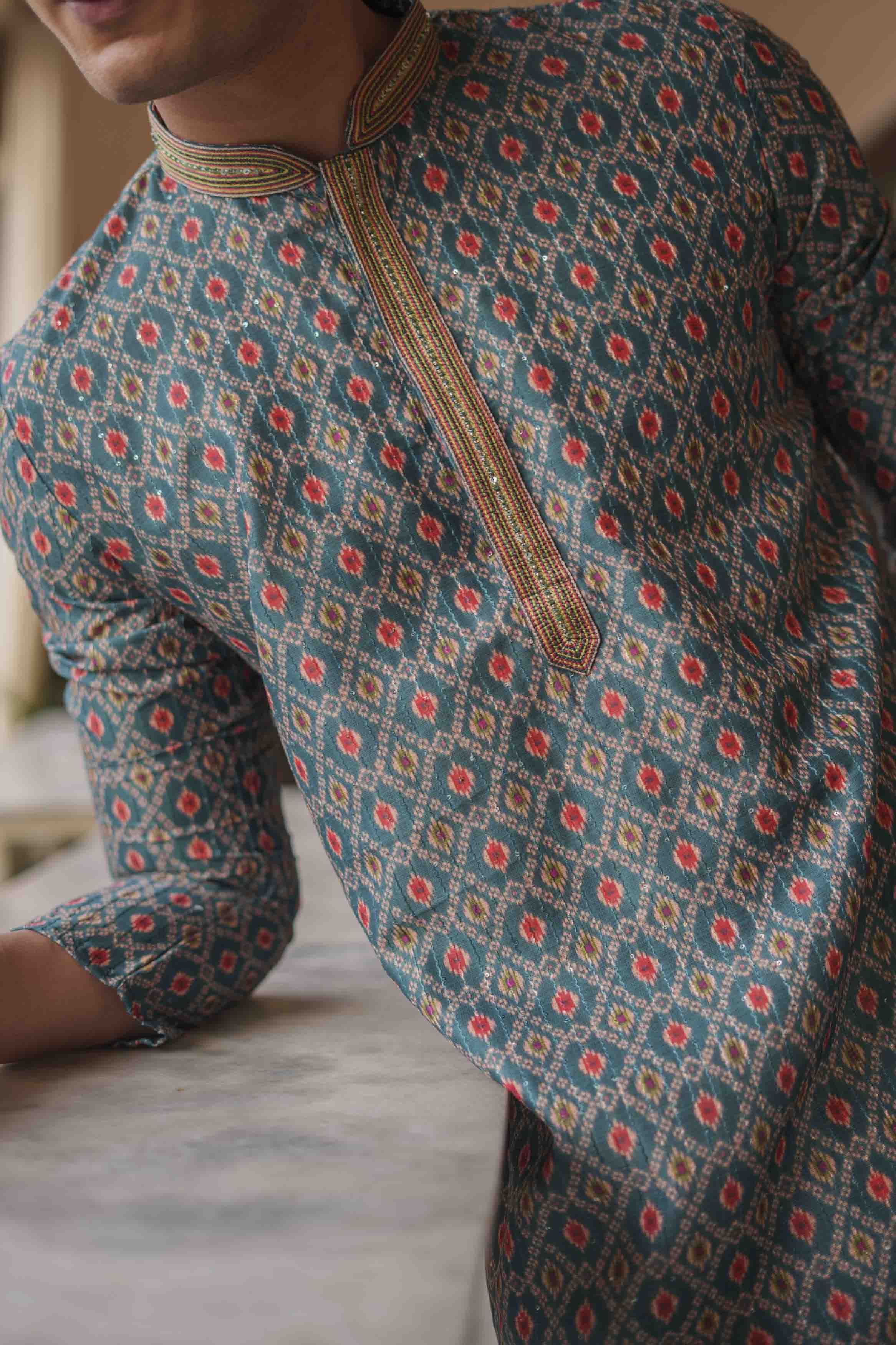 Traditional Printed, Handwork collar Kurta