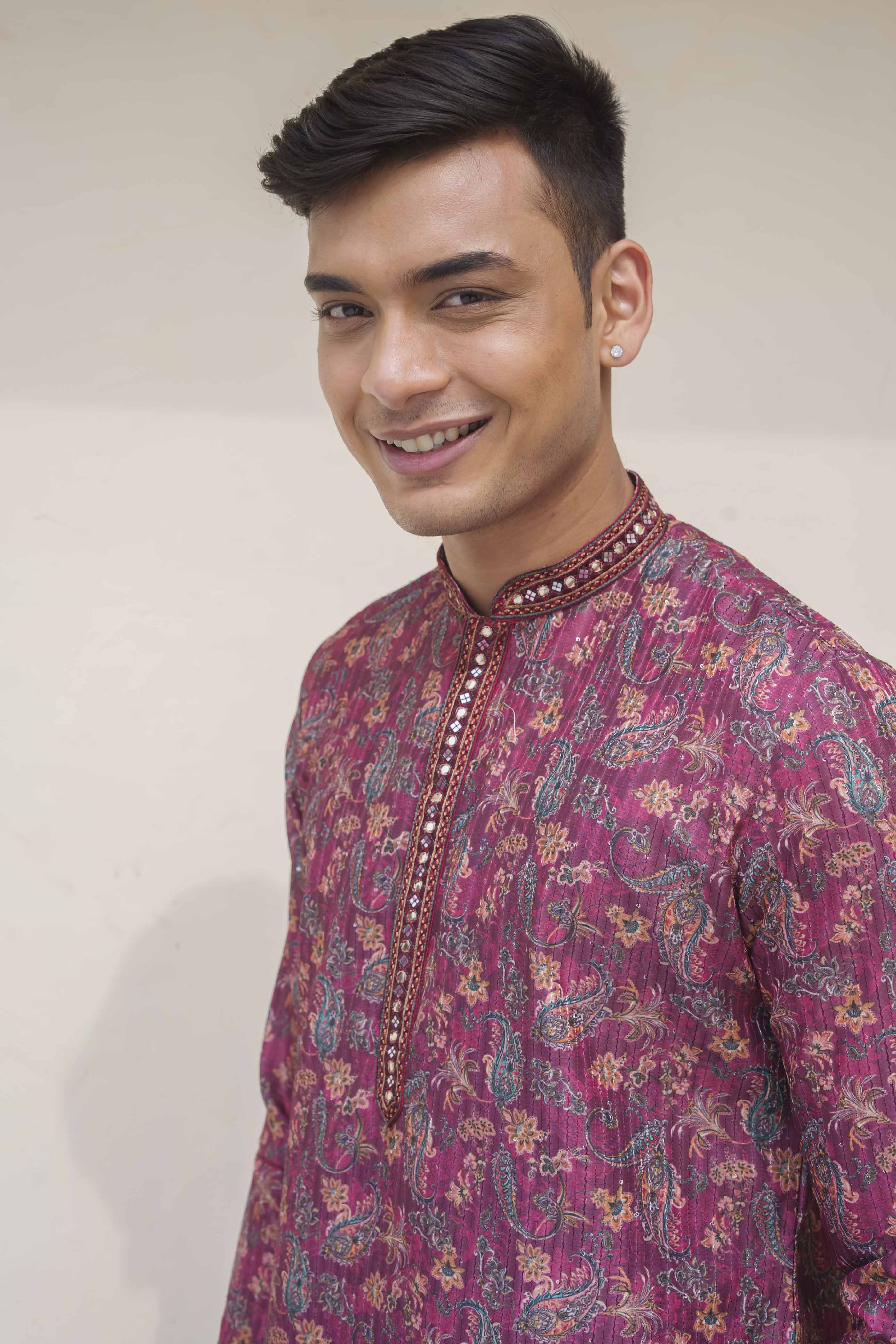 Maroon Paisley Printed Sequence Kurta