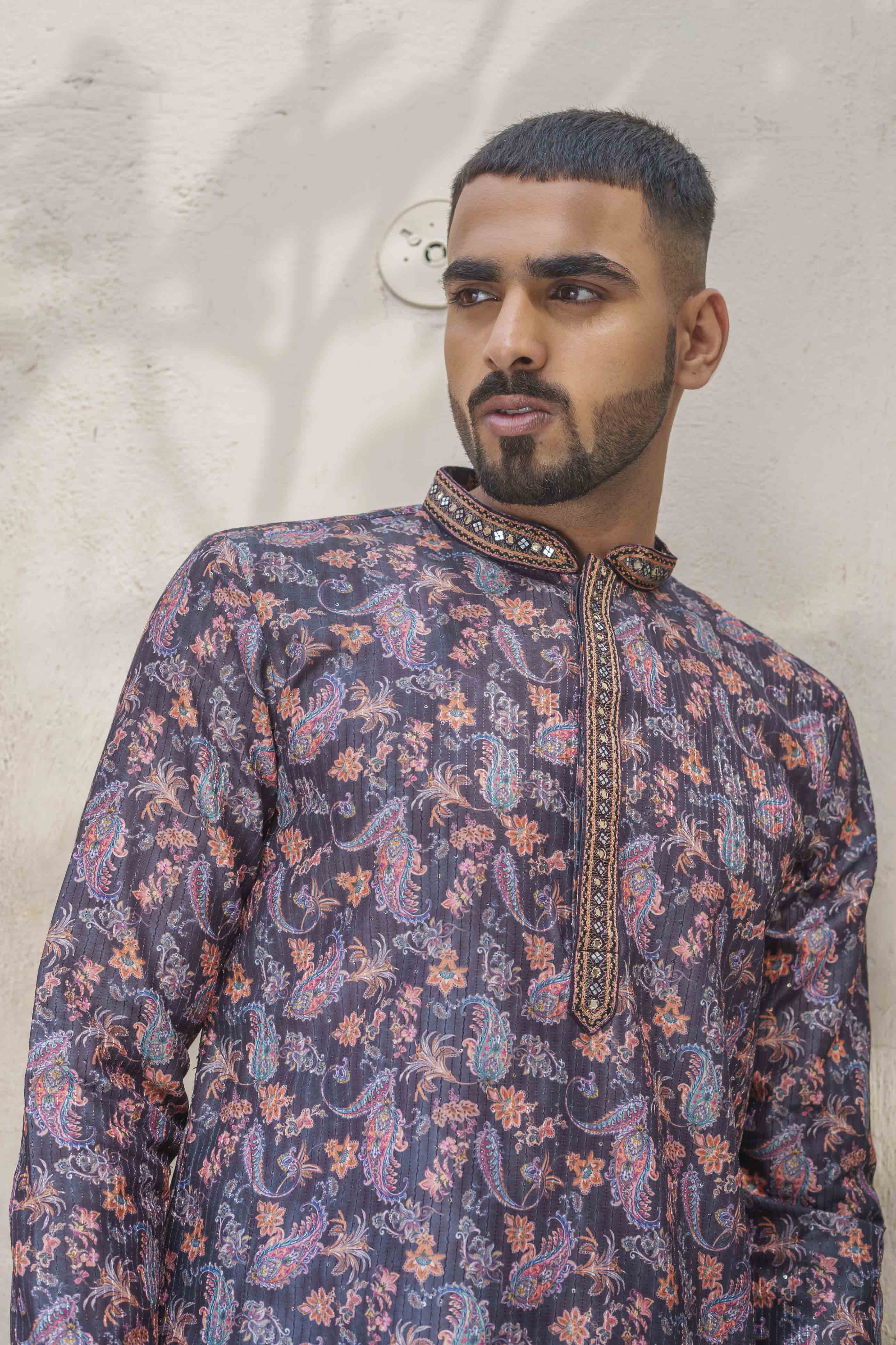 Black Paisley Printed Sequence Kurta