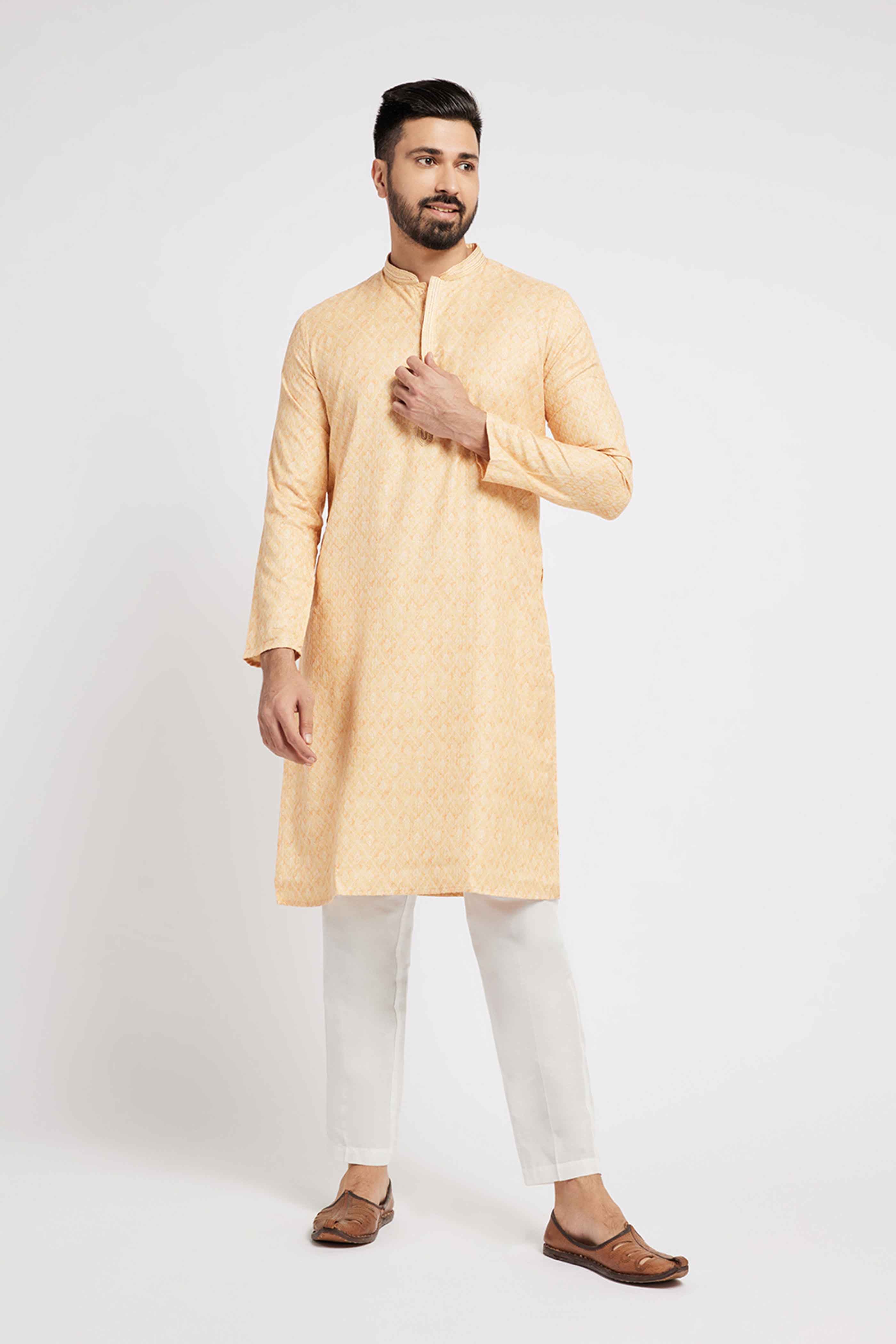 Light Yellow Printed Kurta for Men