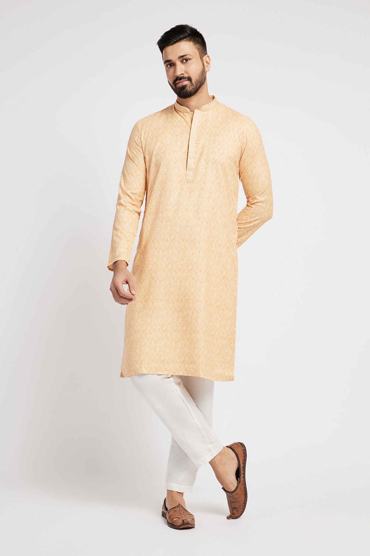 Light Yellow Printed Kurta for Men