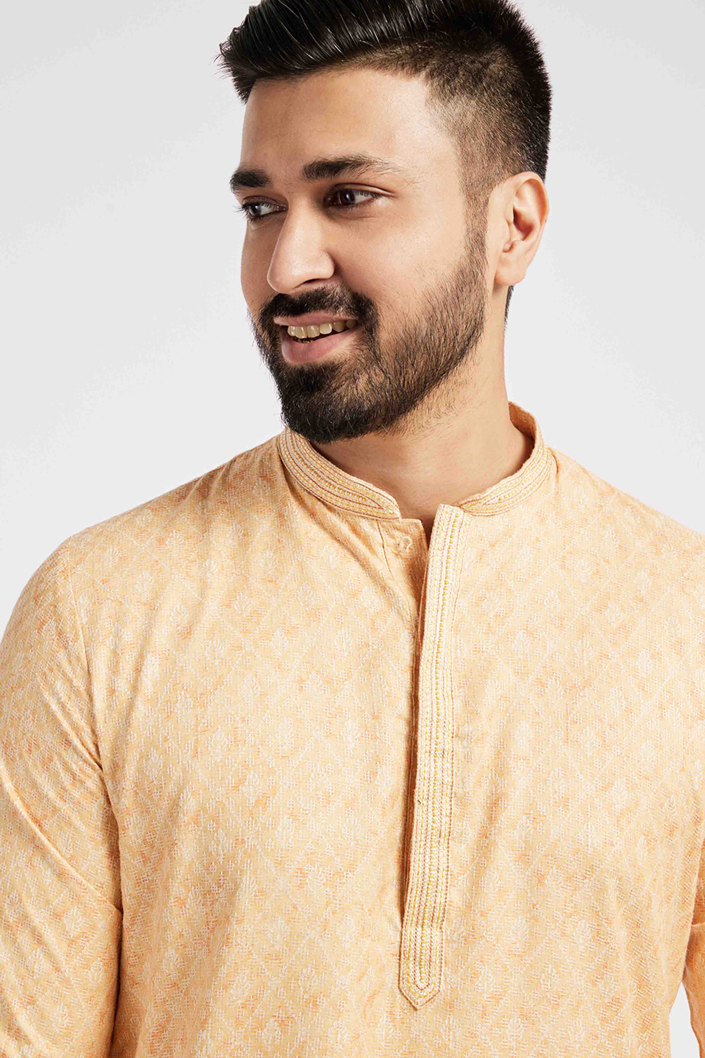 Light Yellow Printed Kurta for Men