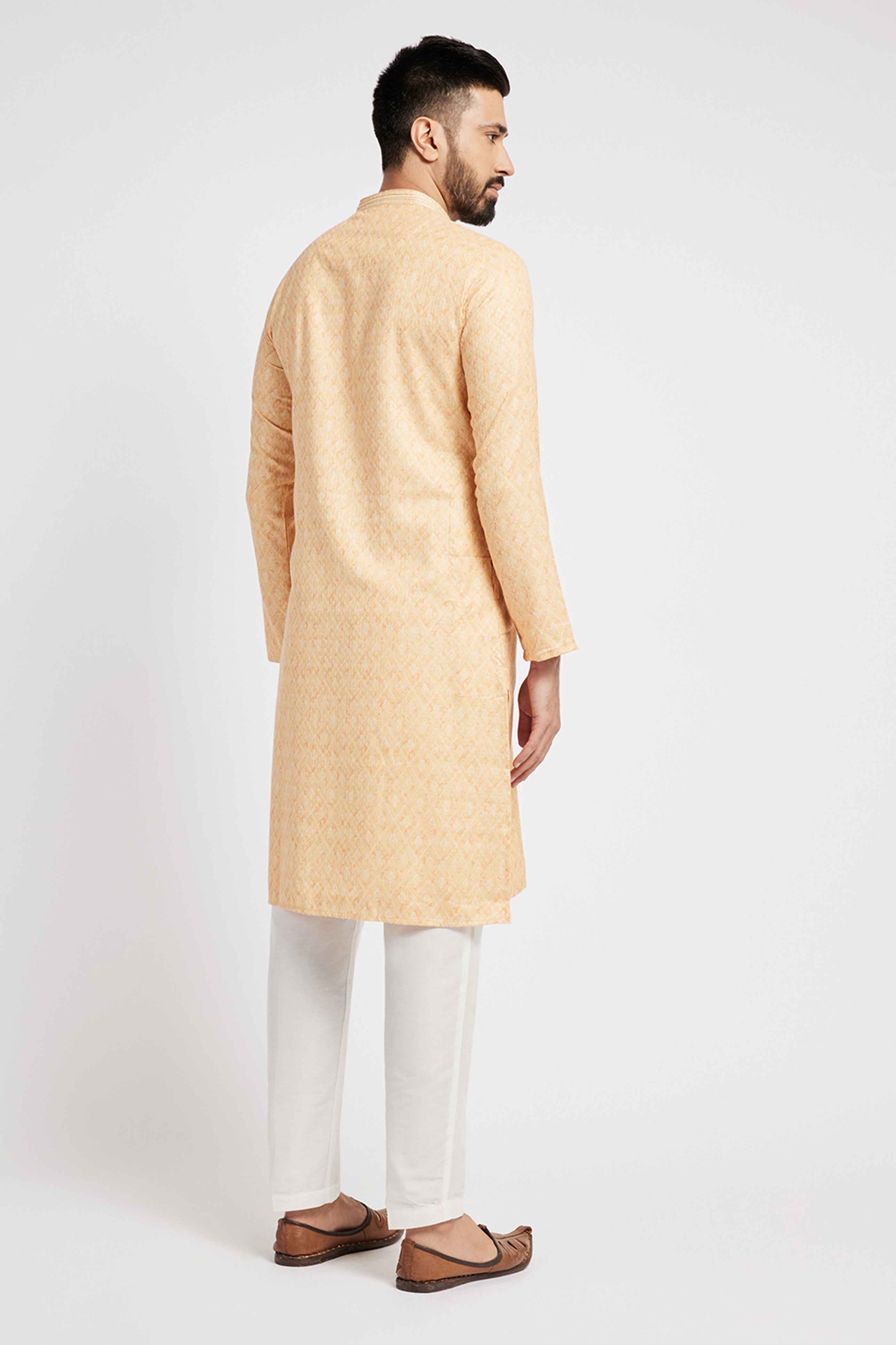 Light Yellow Printed Kurta for Men