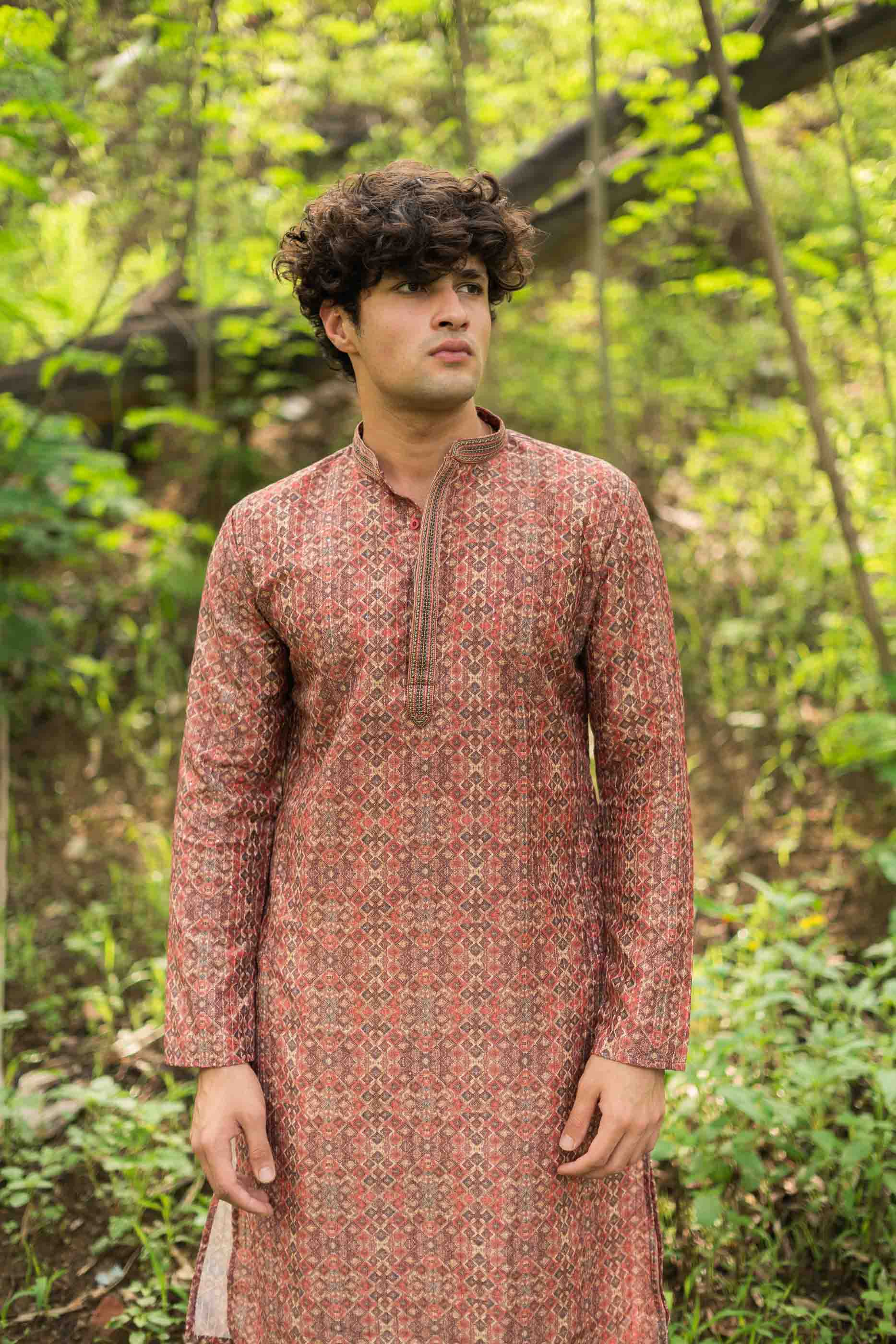 Red Abstract Printed Sequence Kurta