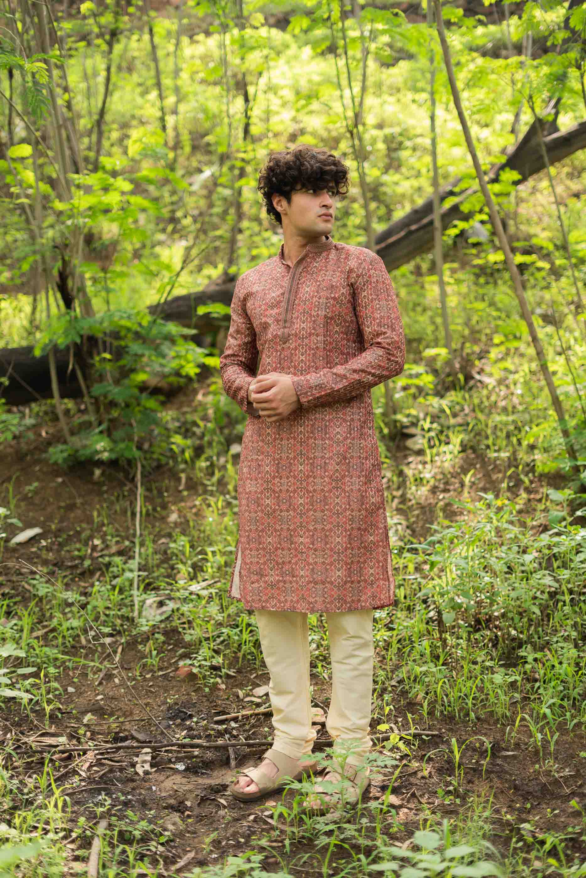 Red Abstract Printed Sequence Kurta