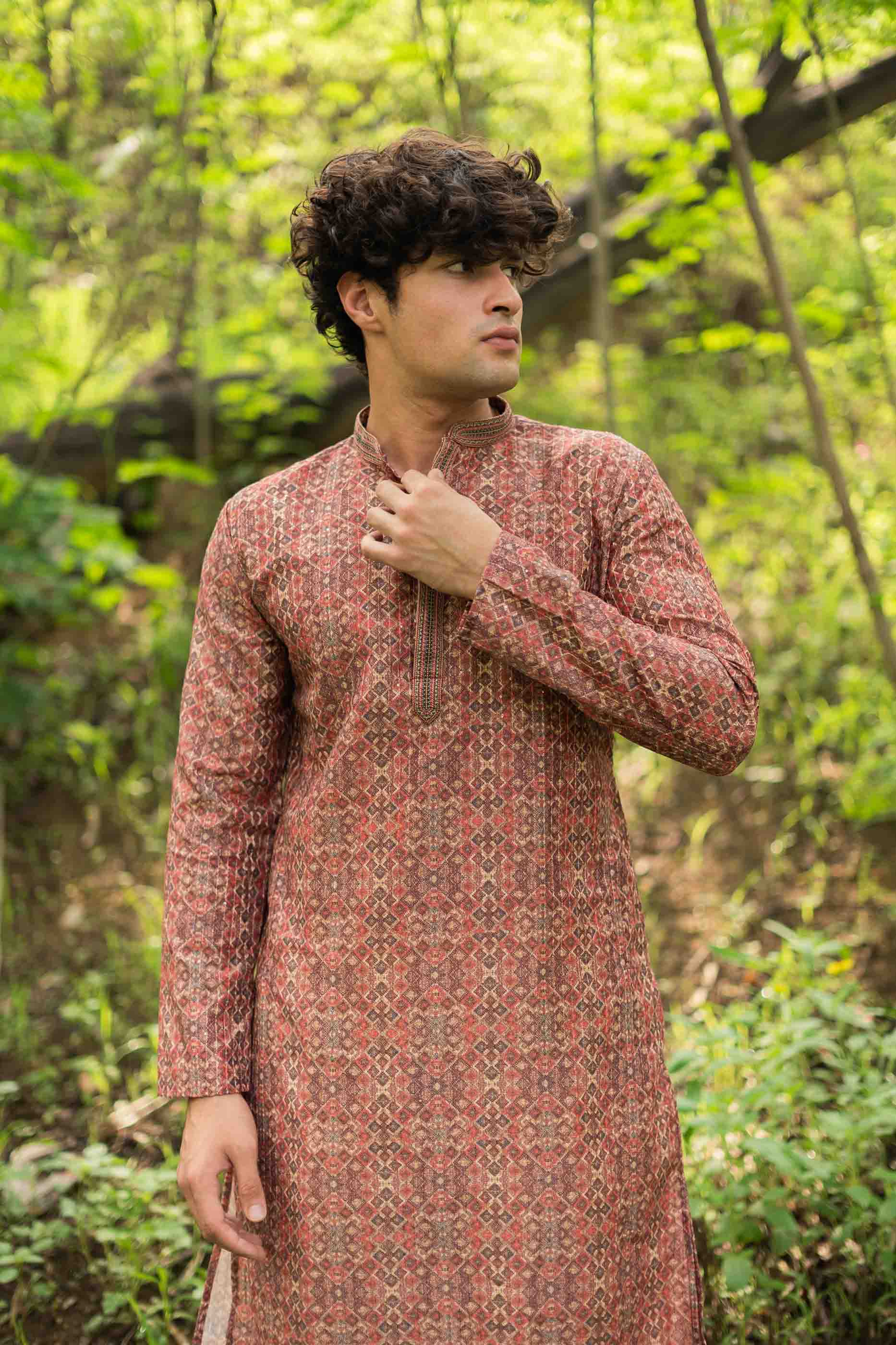 Red Abstract Printed Sequence Kurta