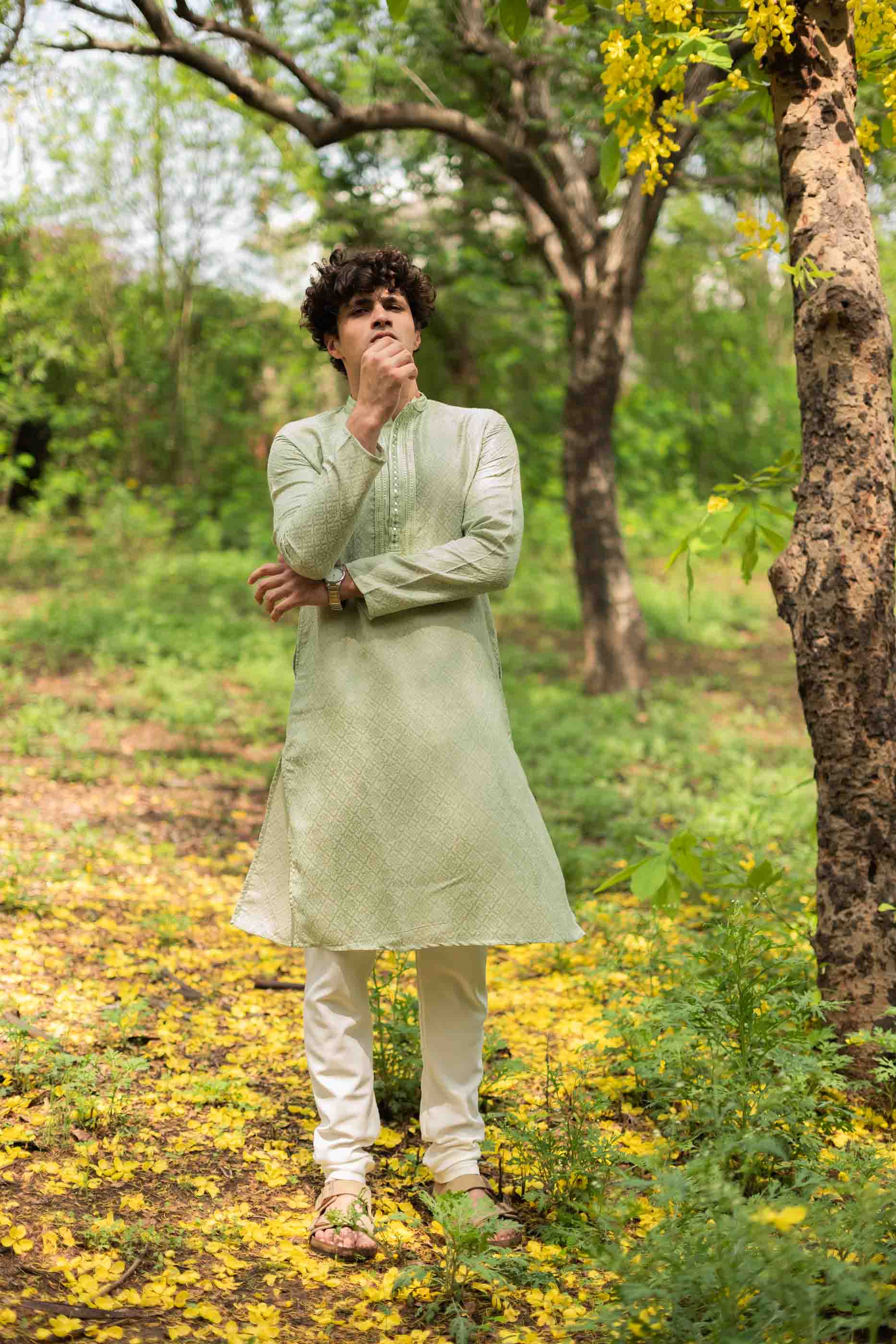 Light green Jacquard Kurta with Mirror work